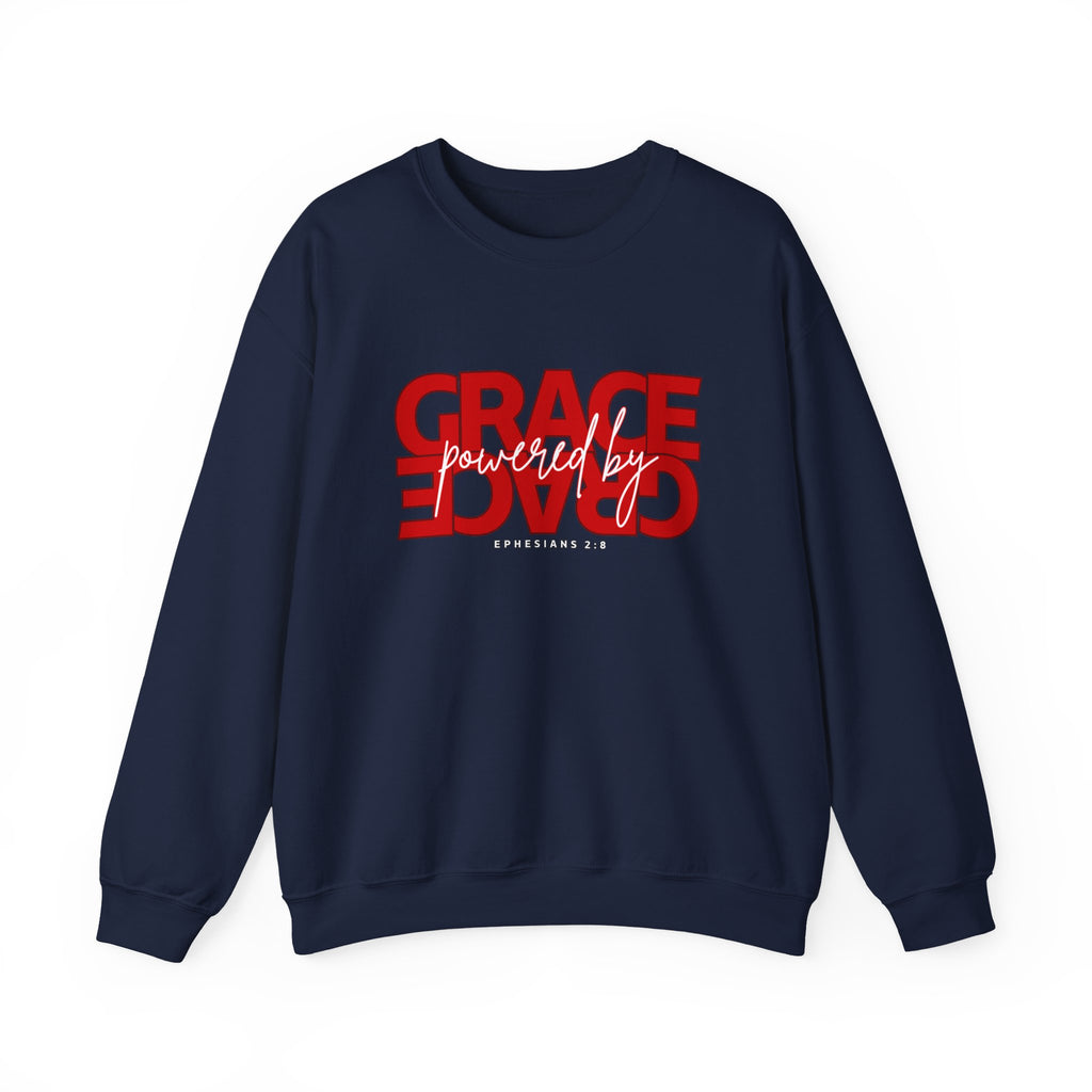 Crewneck Sweatshirt — "Grace Powered By God" Christian Faith Pullover (Ephesians 2:8)