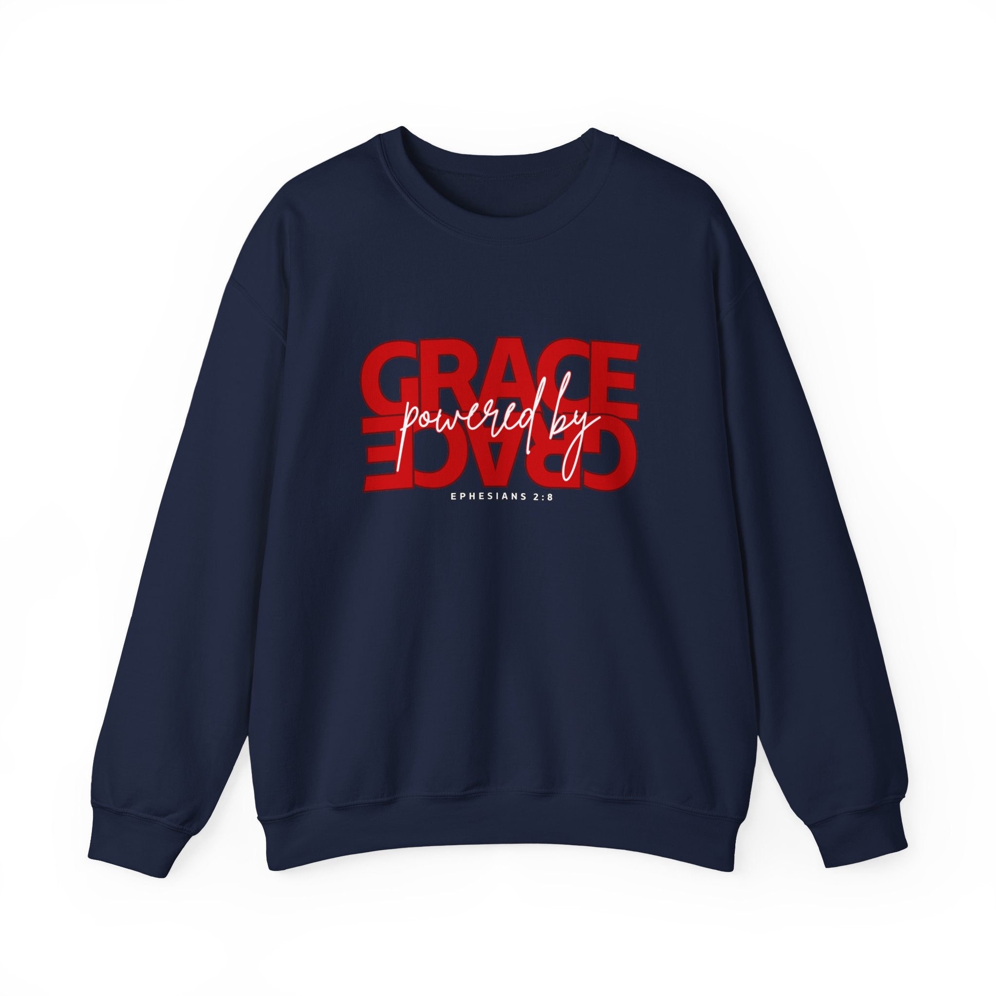 Crewneck Sweatshirt — "Grace Powered By God" Christian Faith Pullover (Ephesians 2:8)