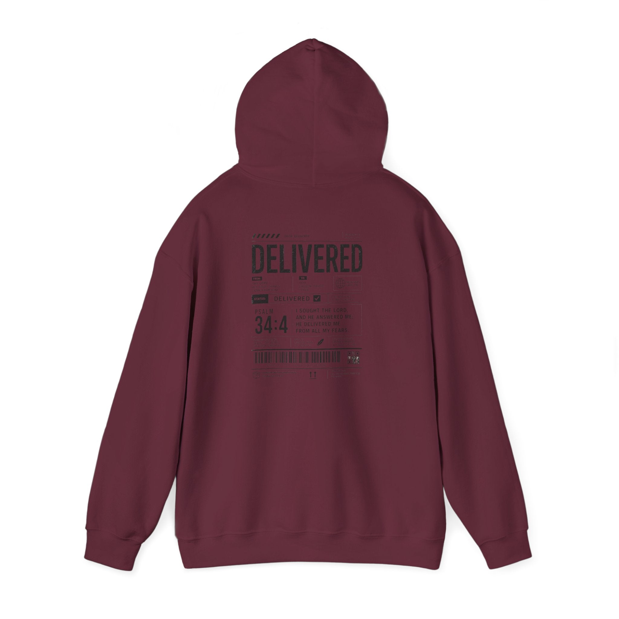 Christian Graphic Hoodie 'Delivered' Shipping Label Pullover, Faith-Based Streetwear Sweatshirt