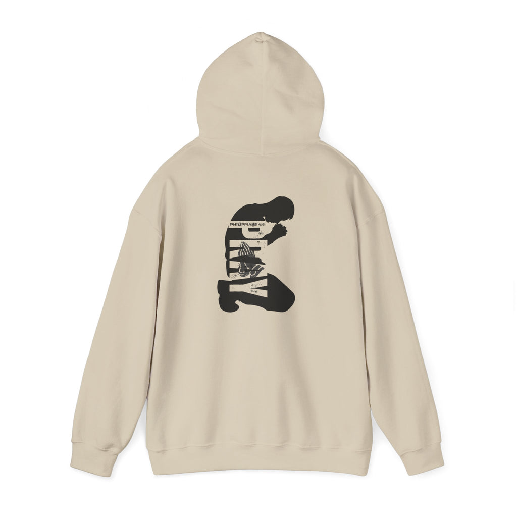 Minimal 'Pray More, Panic Less' Hoodie — Monochrome Graphic Back Print