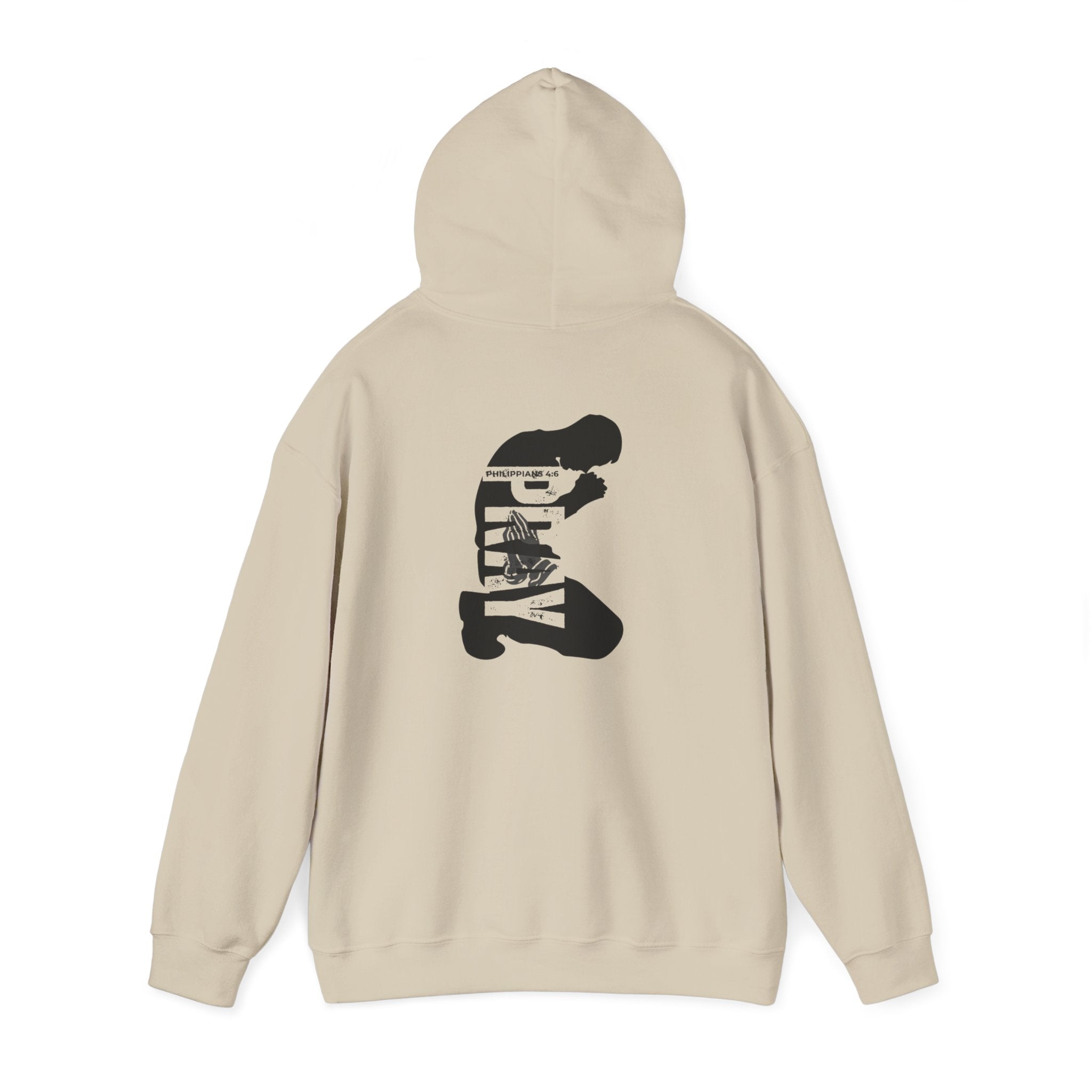 Minimal 'Pray More, Panic Less' Hoodie — Monochrome Graphic Back Print
