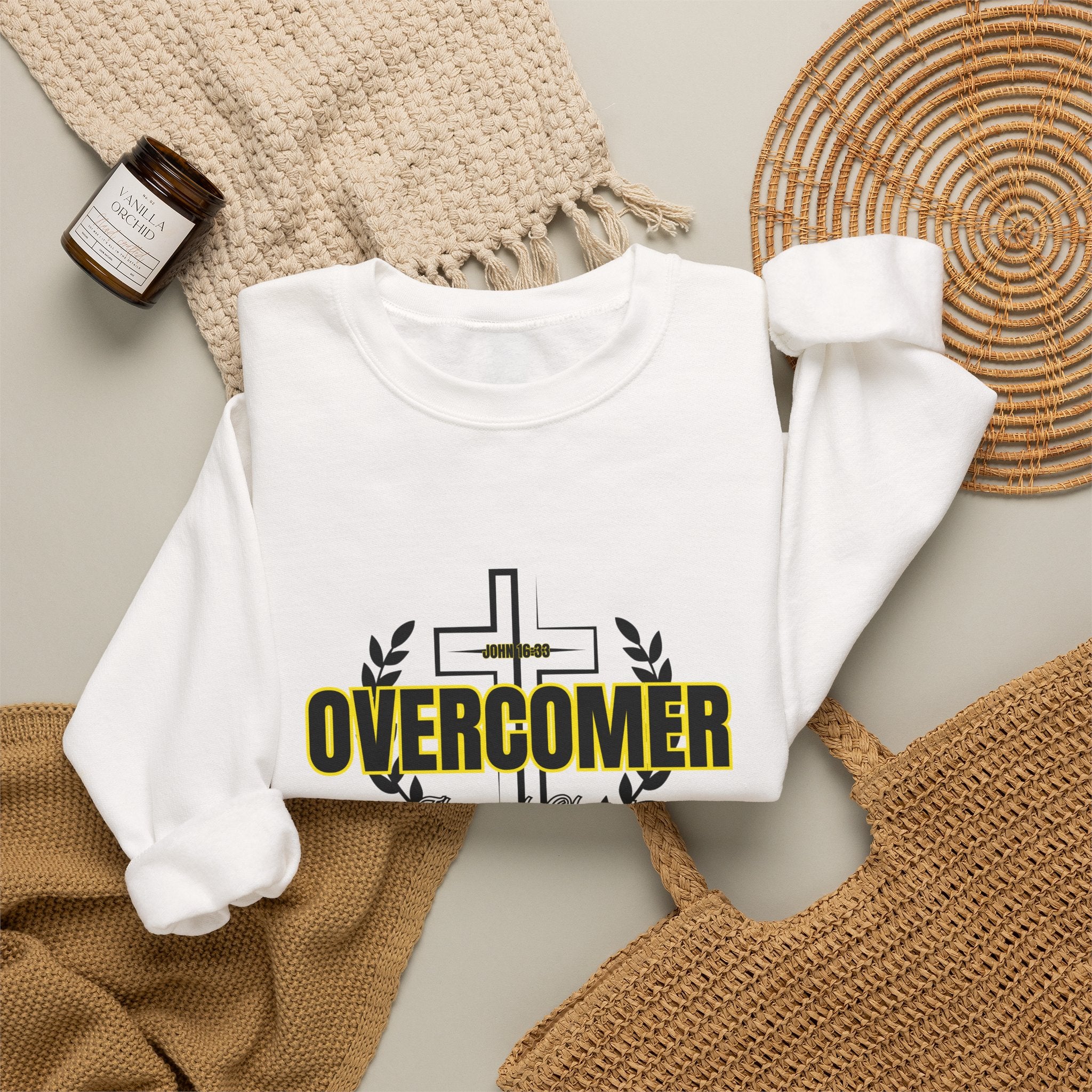 "Overcomer" Cross Graphic Crewneck – Unisex Minimalist Faith Pullover