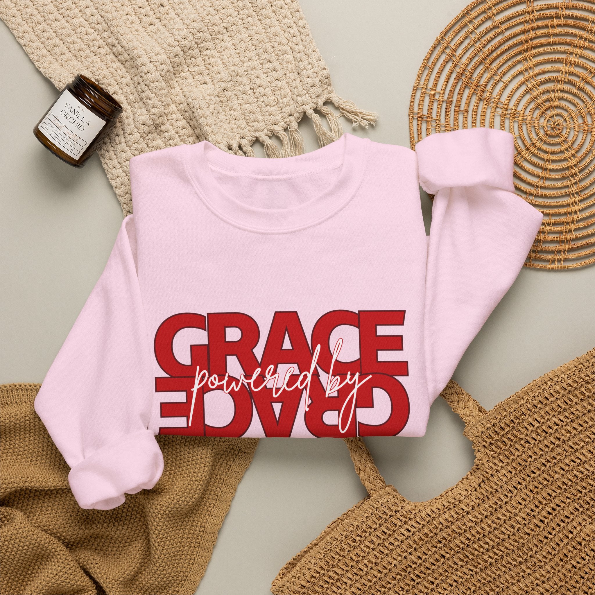 Crewneck Sweatshirt — "Grace Powered By God" Christian Faith Pullover (Ephesians 2:8)