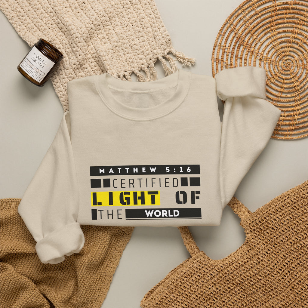 Christian Crewneck Sweatshirt "Certified Light of the World" Pullover, Matthew 5:14 Scripture Apparel, Trendy Faith Graphic Sweatshirt