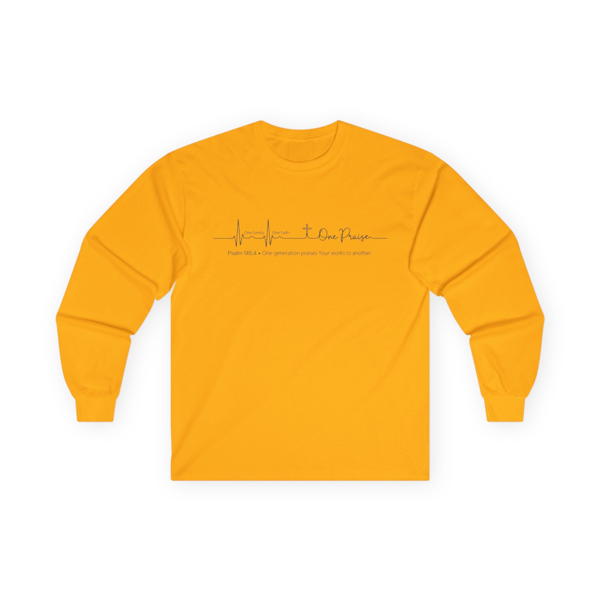 Long Sleeve Tee — Hope Heartbeat Cross "One Faith One Family One Praise" Minimalist Christian Shirt