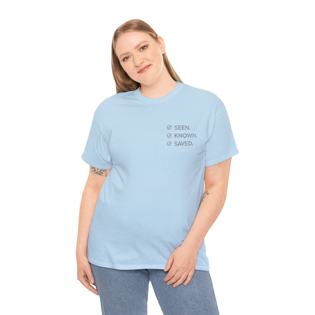 Black Text-Pattern T-Shirt — Seen Known Saved Christian Typography Graphic Tee