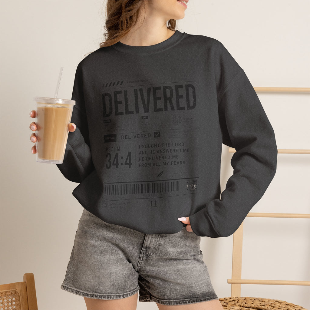 Delivered Sweatshirt — 'Delivered' Typography Crewneck with Psalm 34:4 Design