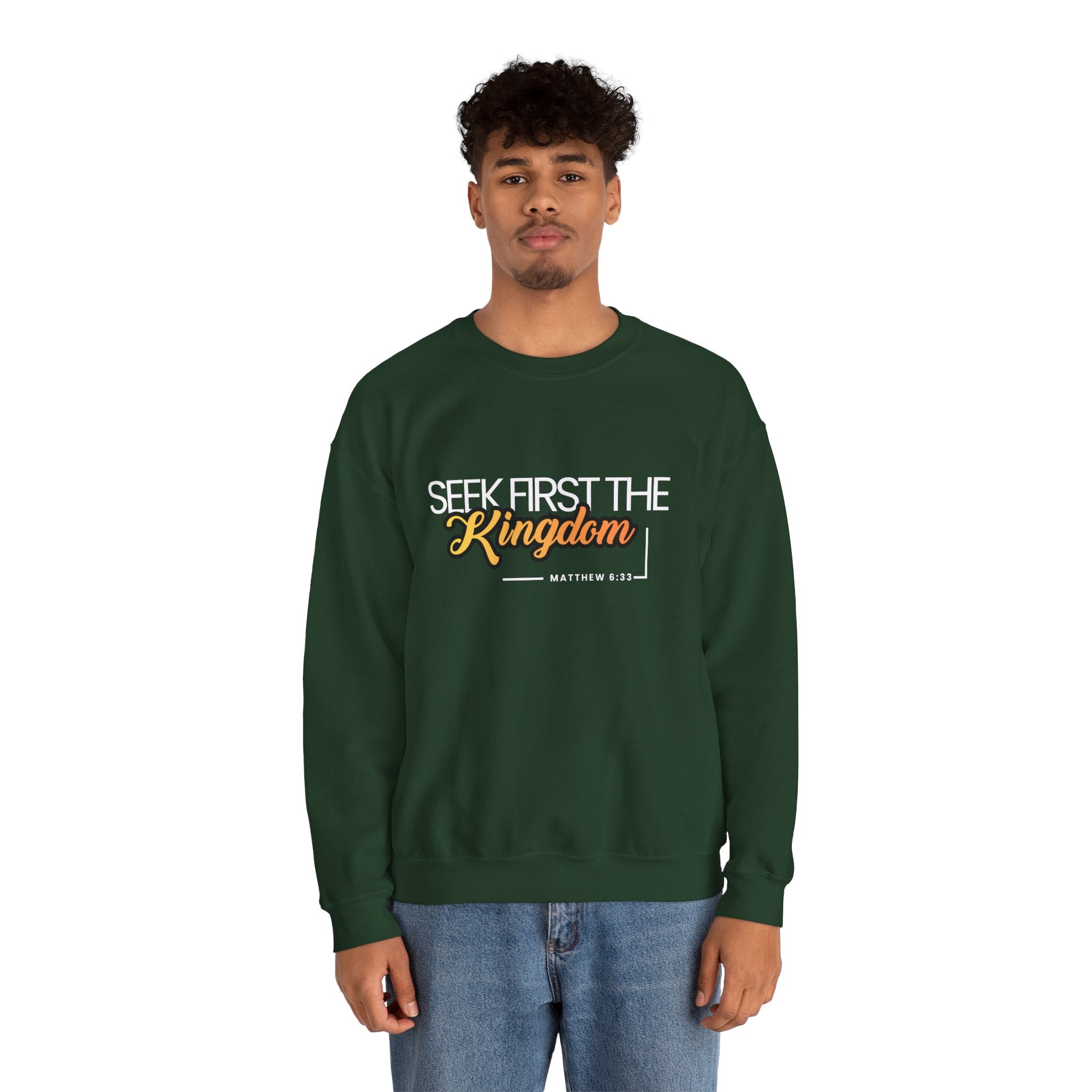 Christian Crewneck Sweatshirt "Seek First the Kingdom" Pullover, Matthew 6:33 Scripture Apparel, Inspirational Faith Graphic Sweatshirt