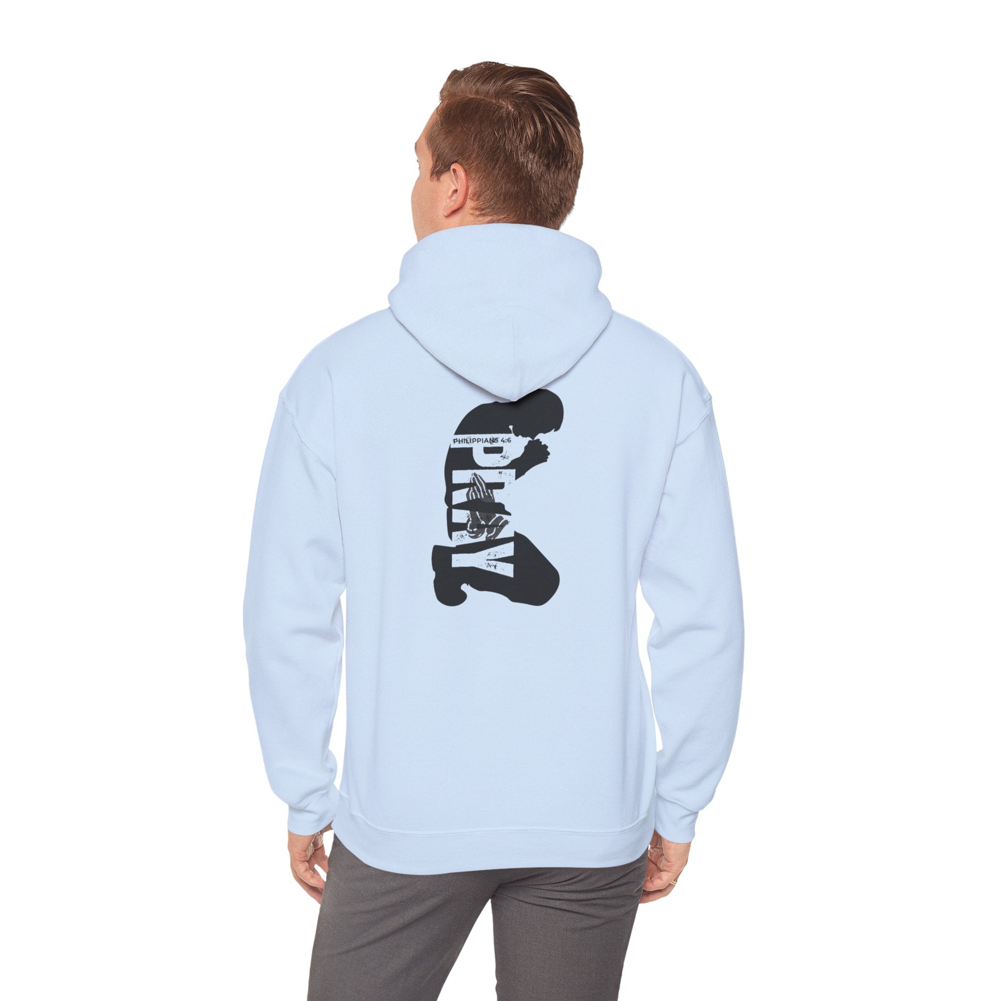 Minimal 'Pray More, Panic Less' Hoodie — Monochrome Graphic Back Print