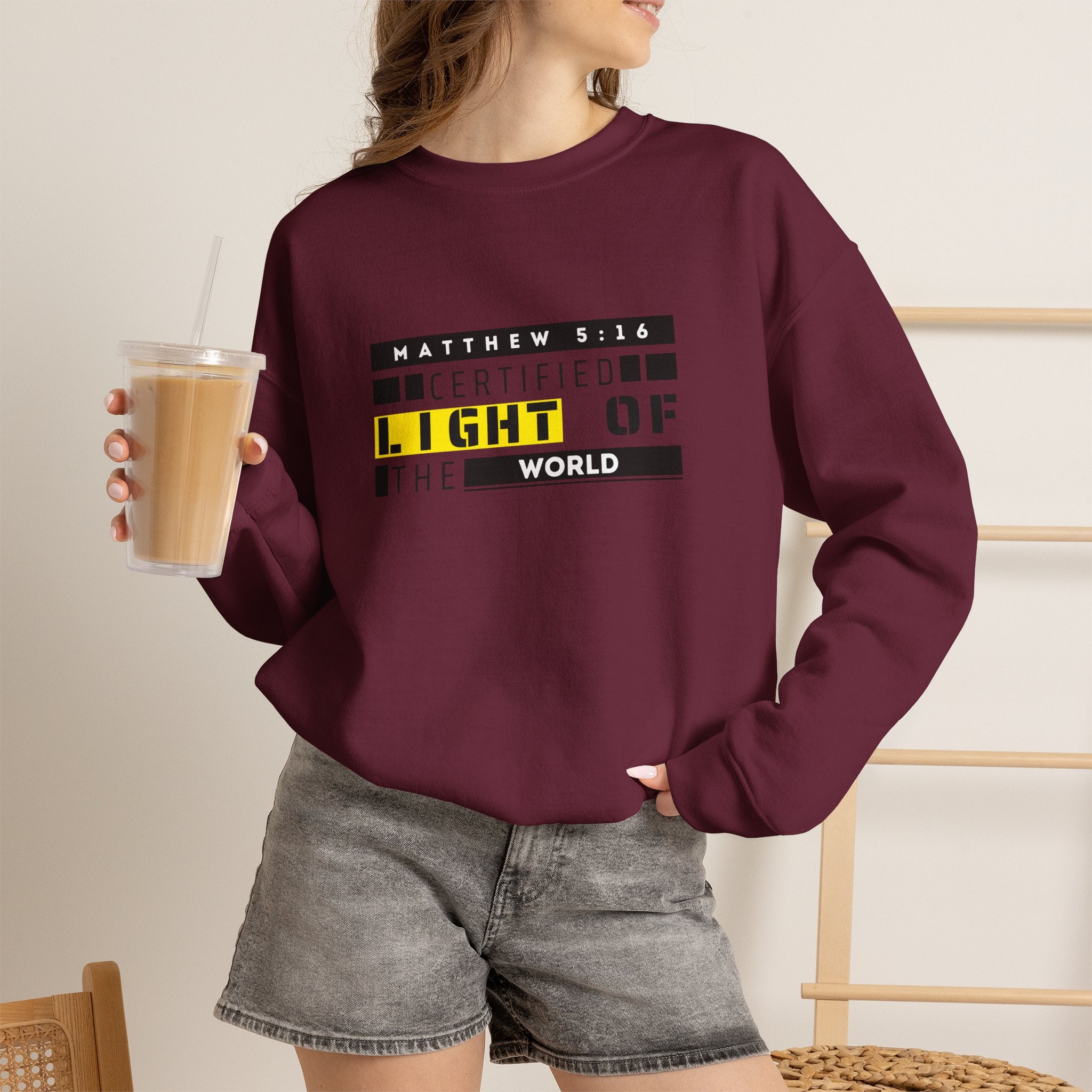 Christian Crewneck Sweatshirt "Certified Light of the World" Pullover, Matthew 5:14 Scripture Apparel, Trendy Faith Graphic Sweatshirt