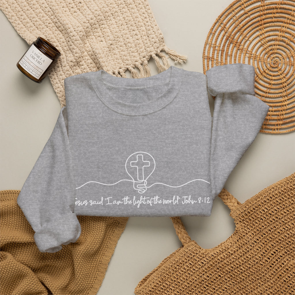 Christian Crewneck Sweatshirt "I AM the Light" Cross Pullover, John 8:12 Scripture Apparel, Faith Graphic Sweatshirt