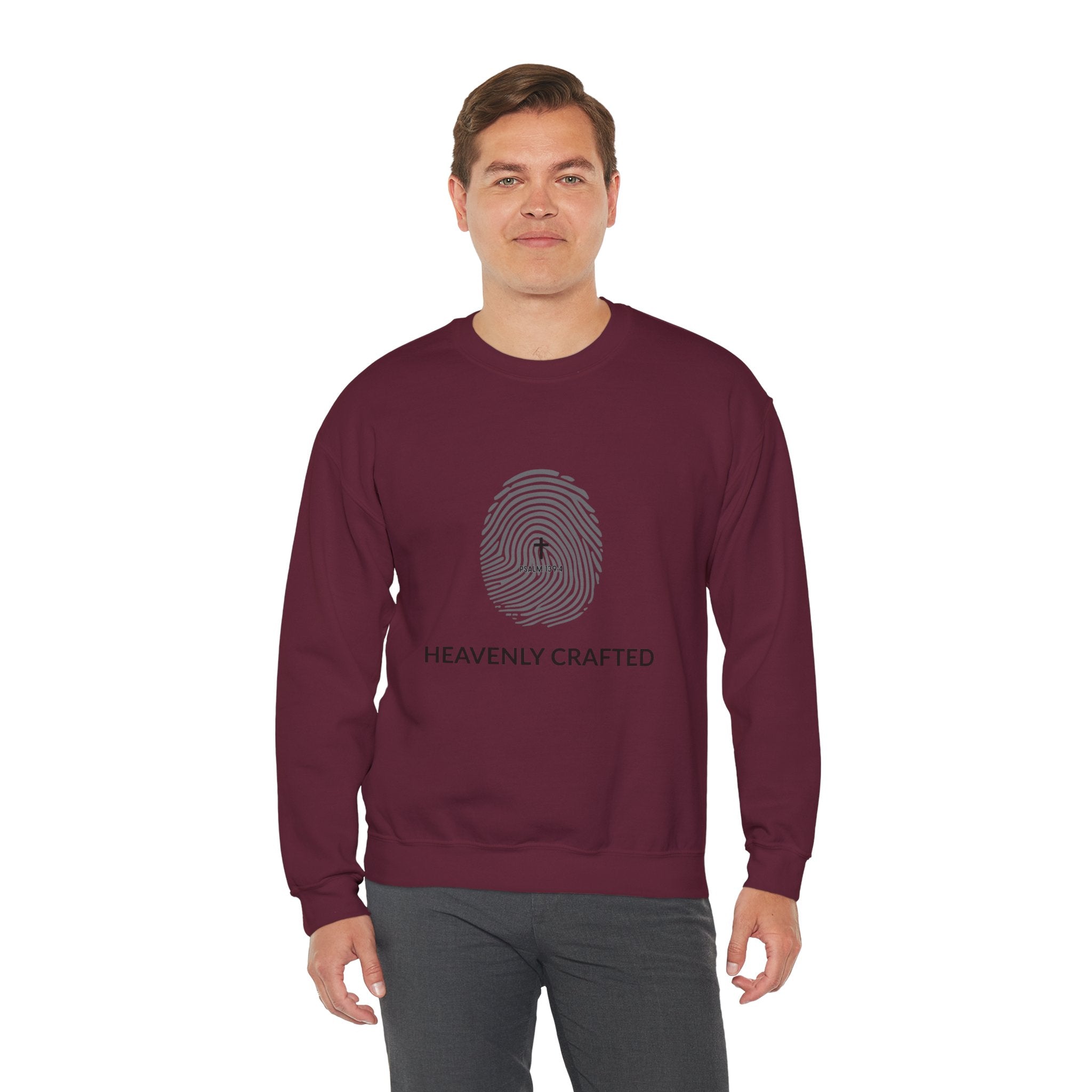 Christian Crewneck Sweatshirt "Heavenly Crafted" Fingerprint Pullover, Psalm 139 Identity Apparel, Unique Faith Graphic Sweatshirt