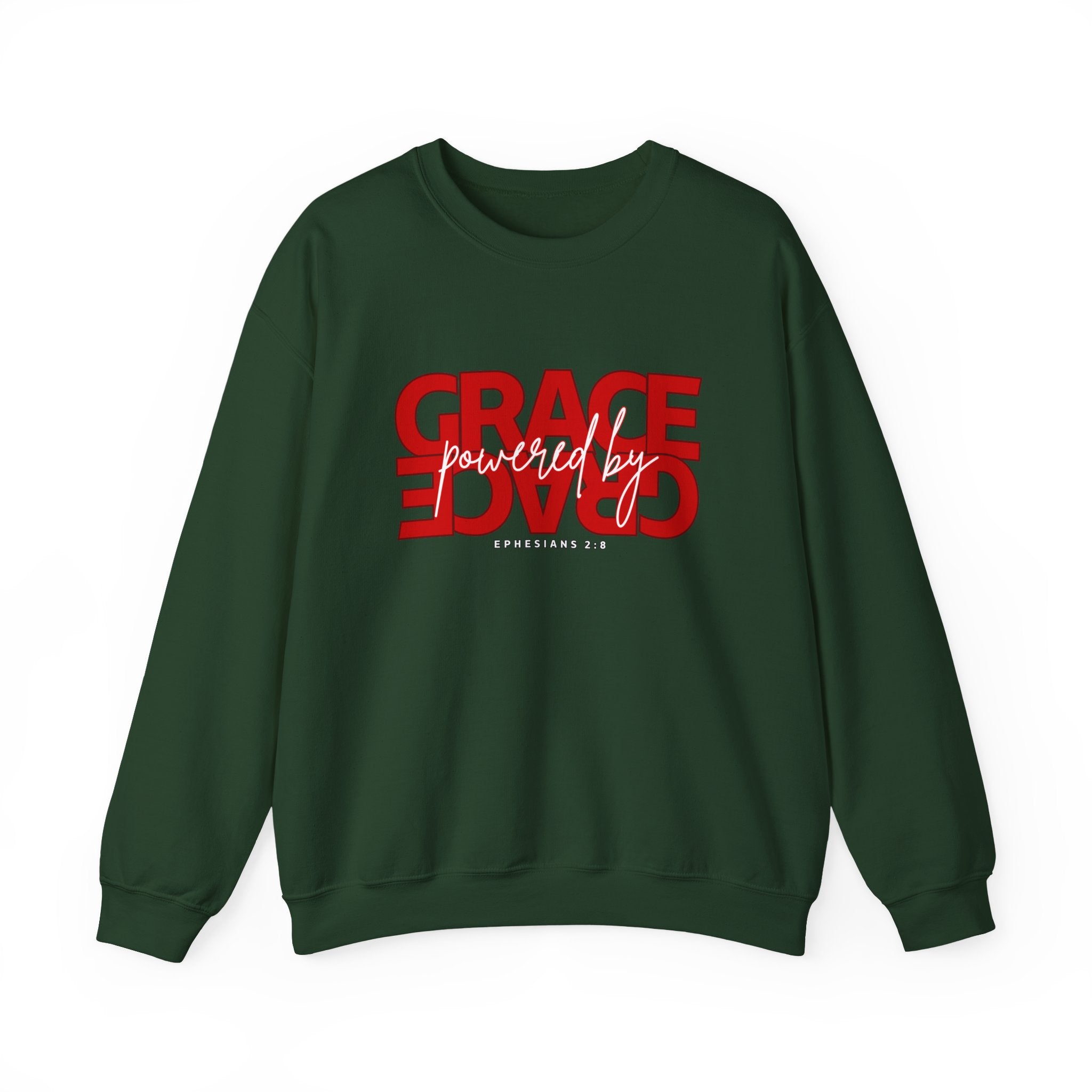 Crewneck Sweatshirt — "Grace Powered By God" Christian Faith Pullover (Ephesians 2:8)
