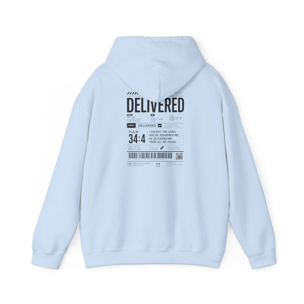 Christian Graphic Hoodie 'Delivered' Shipping Label Pullover, Faith-Based Streetwear Sweatshirt