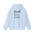 Christian Graphic Hoodie 'Delivered' Shipping Label Pullover, Faith-Based Streetwear Sweatshirt