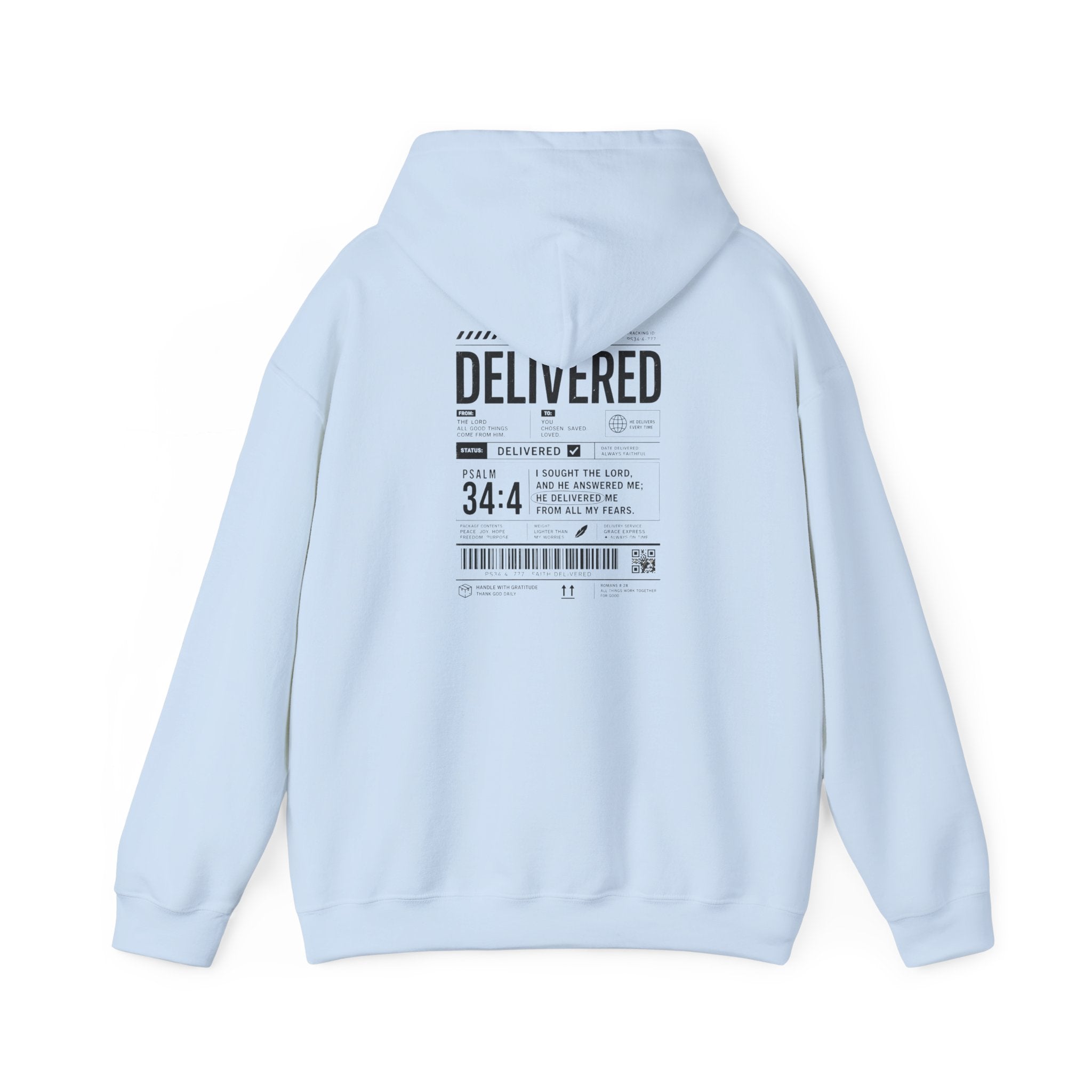 Christian Graphic Hoodie 'Delivered' Shipping Label Pullover, Faith-Based Streetwear Sweatshirt
