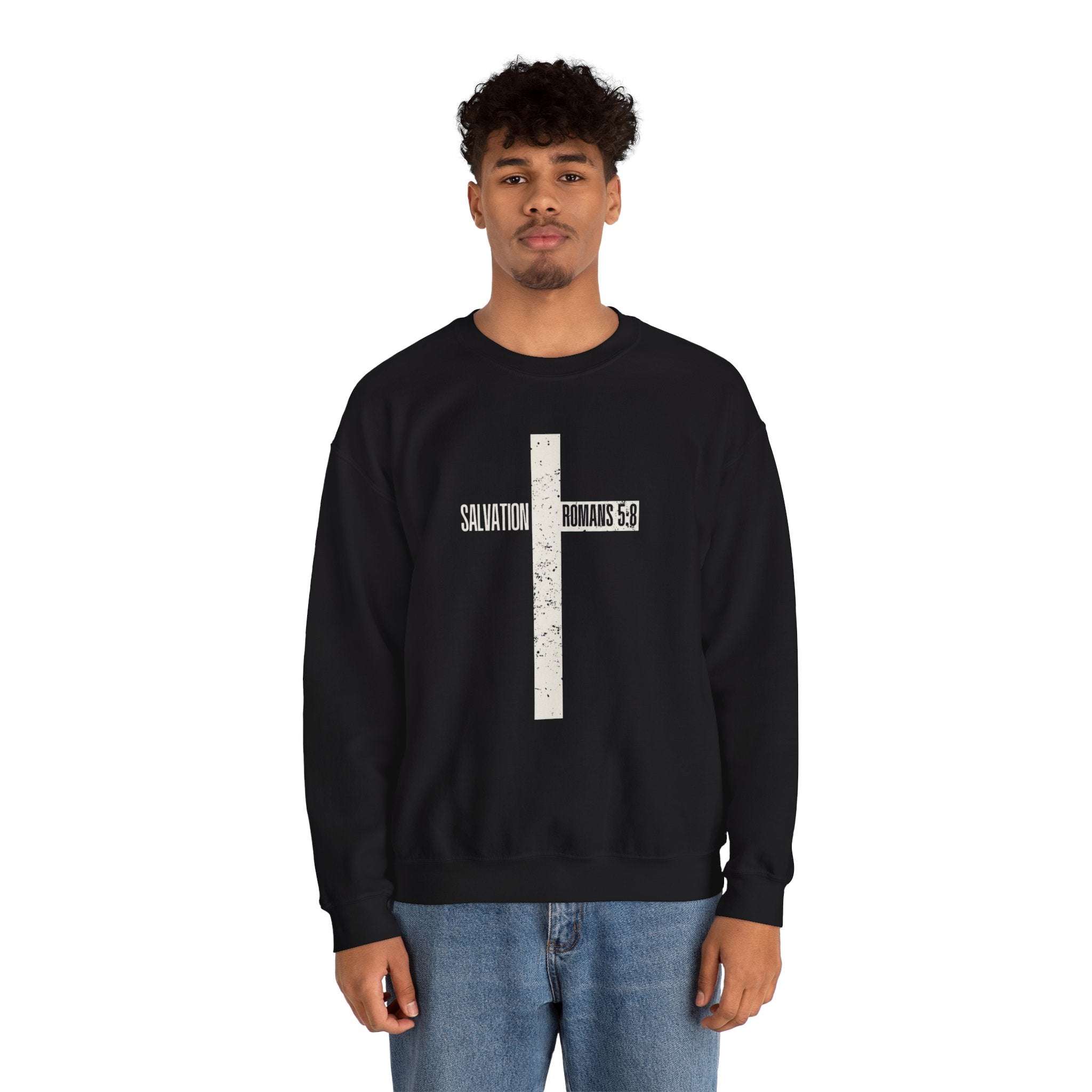 Christian Crewneck Sweatshirt "Salvation" Romans 5:8 Pullover, White Cross Graphic Apparel, Rustic Style Faith Sweatshirt