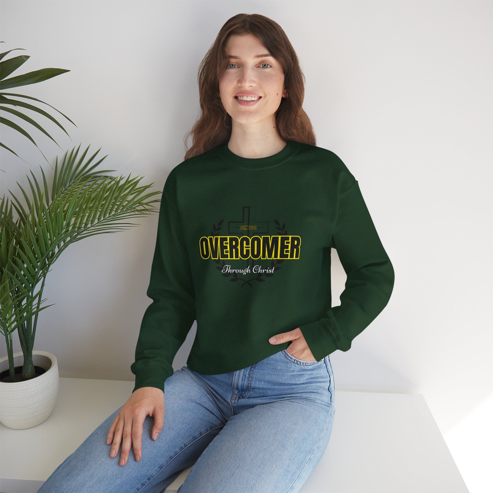 "Overcomer" Cross Graphic Crewneck – Unisex Minimalist Faith Pullover
