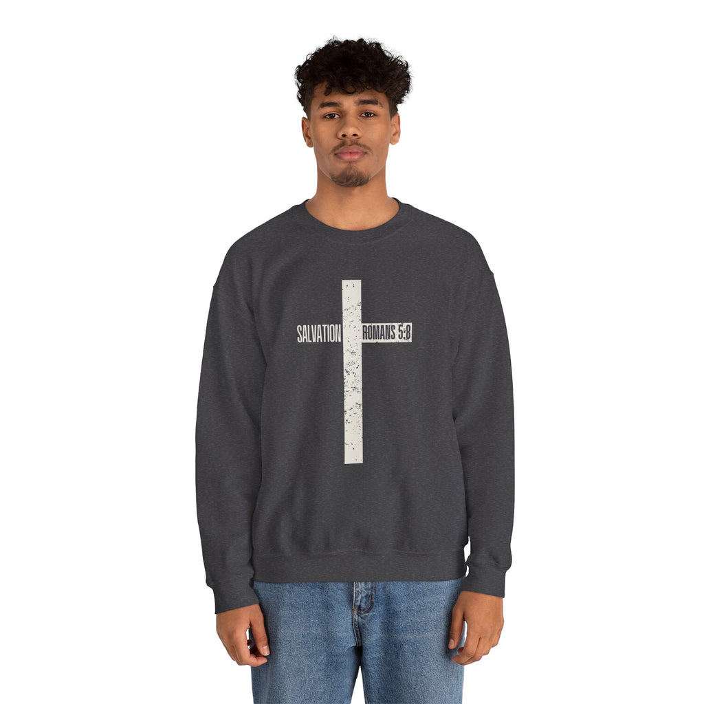 Christian Crewneck Sweatshirt "Salvation" Romans 5:8 Pullover, White Cross Graphic Apparel, Rustic Style Faith Sweatshirt