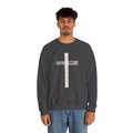 Christian Crewneck Sweatshirt "Salvation" Romans 5:8 Pullover, White Cross Graphic Apparel, Rustic Style Faith Sweatshirt