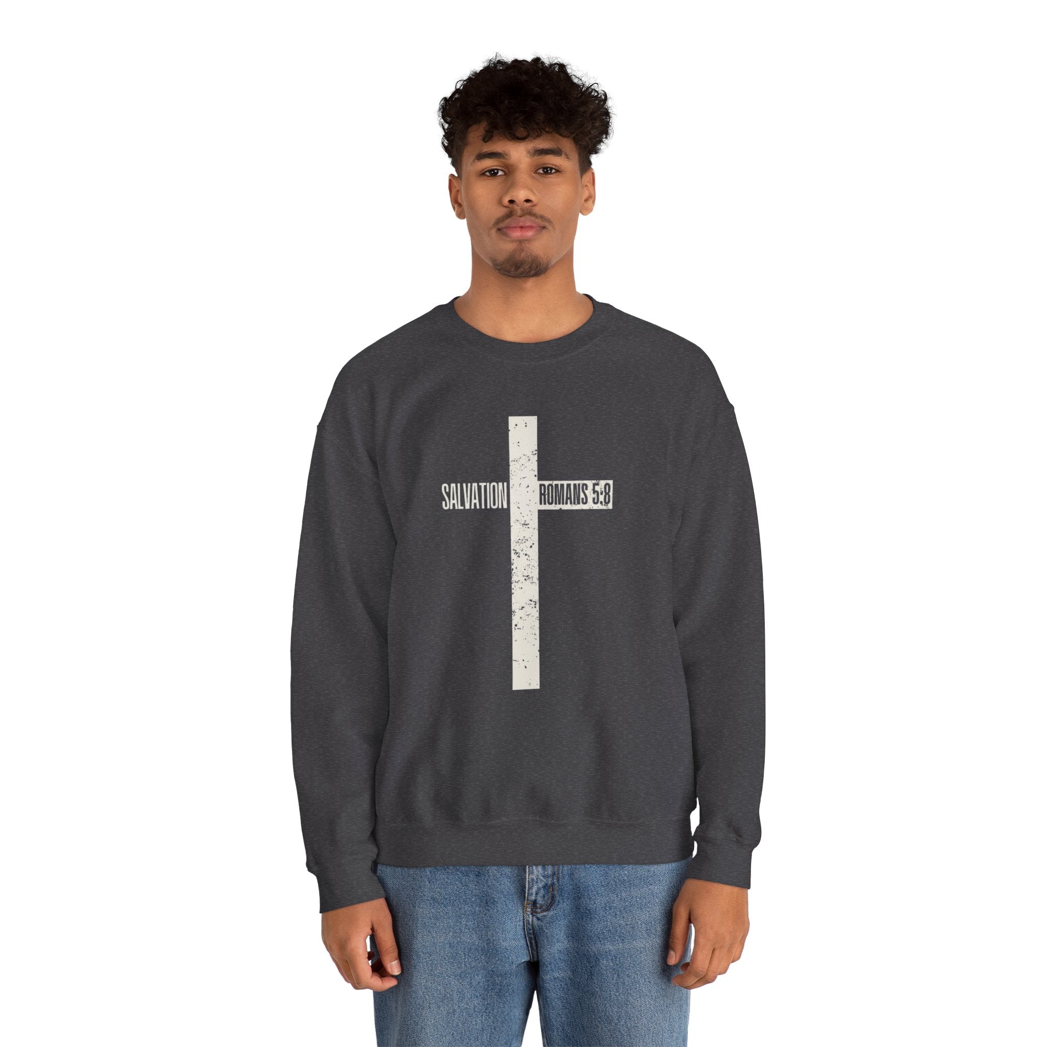 Christian Crewneck Sweatshirt "Salvation" Romans 5:8 Pullover, White Cross Graphic Apparel, Rustic Style Faith Sweatshirt