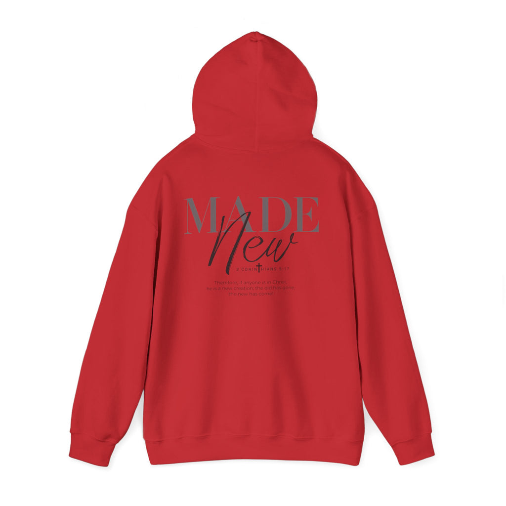 Inspirational Hoodie "Made New" Back Print Pullover, Christian Faith Sweatshirt, Minimalist Graphic Streetwear
