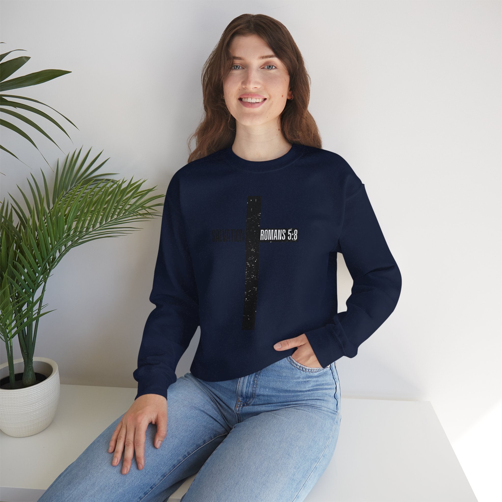 Christian Crewneck Sweatshirt "Salvation" Romans 5:8 Pullover, Jesus Cross Apparel, Faith Grace Graphic Sweatshirt