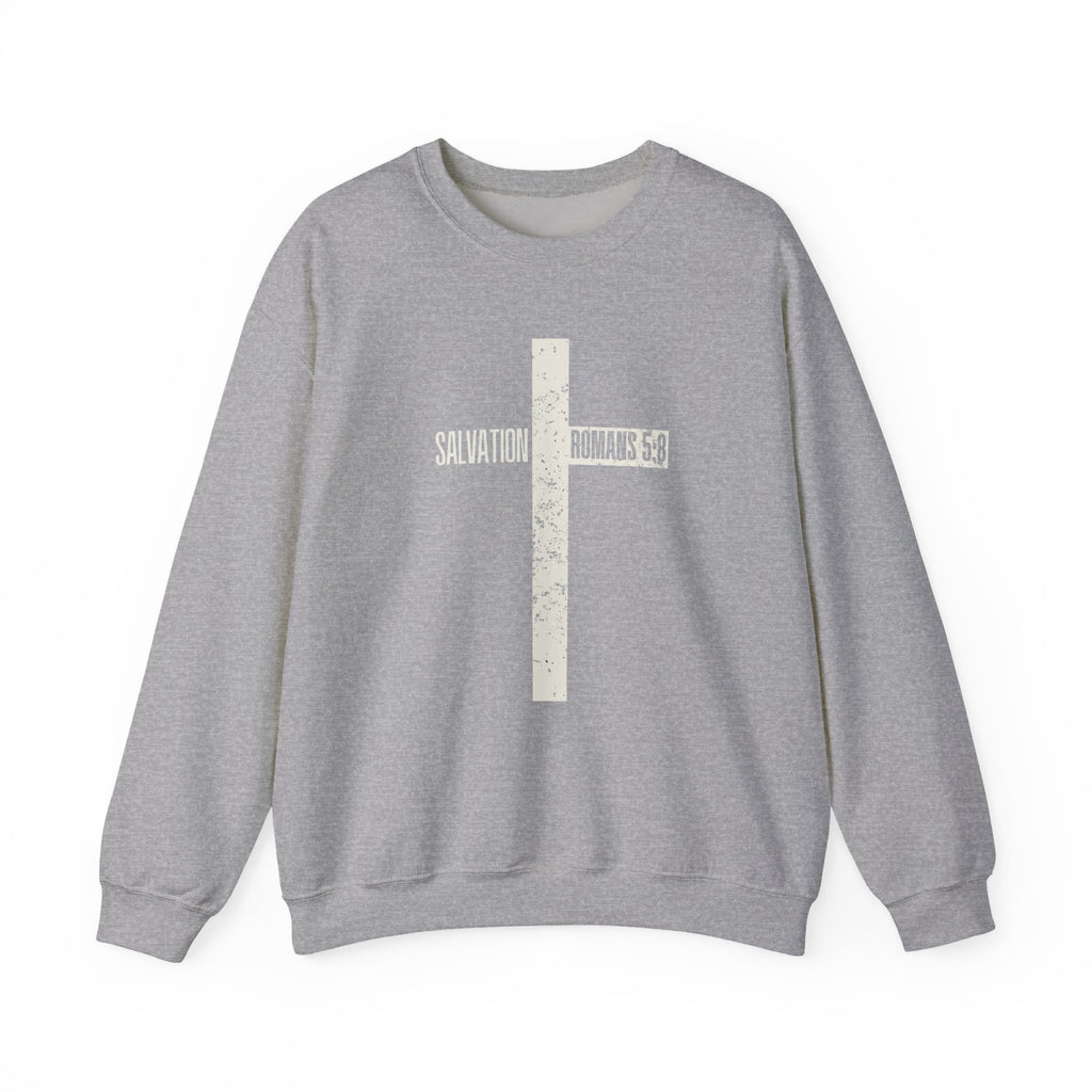 Christian Crewneck Sweatshirt "Salvation" Romans 5:8 Pullover, White Cross Graphic Apparel, Rustic Style Faith Sweatshirt