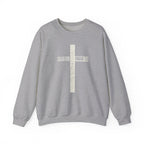 Christian Crewneck Sweatshirt "Salvation" Romans 5:8 Pullover, White Cross Graphic Apparel, Rustic Style Faith Sweatshirt