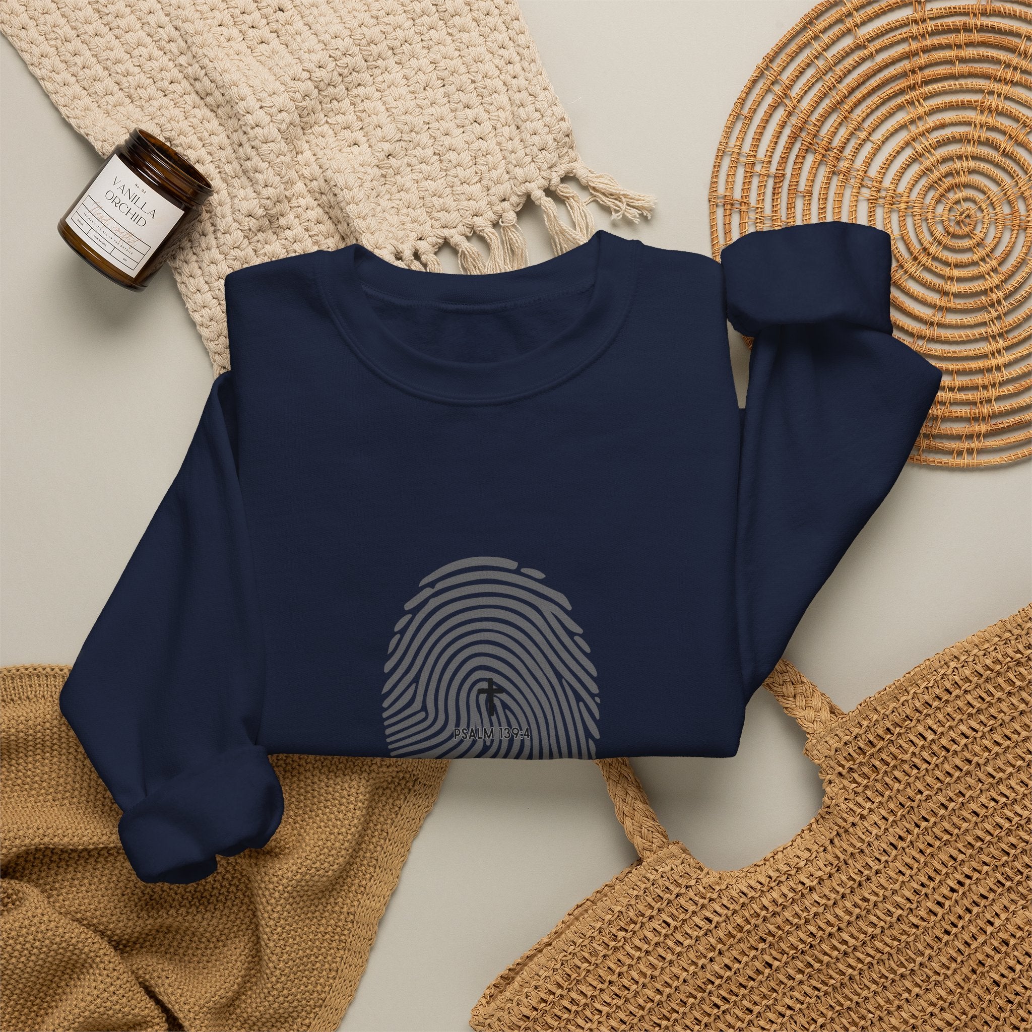 Christian Crewneck Sweatshirt "Heavenly Crafted" Fingerprint Pullover, Psalm 139 Identity Apparel, Unique Faith Graphic Sweatshirt