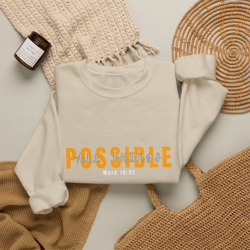Christian Crewneck Sweatshirt "Possible" Pullover, Mark 10:27 Scripture Apparel, All Things Are Possible Faith Graphic Sweatshirt
