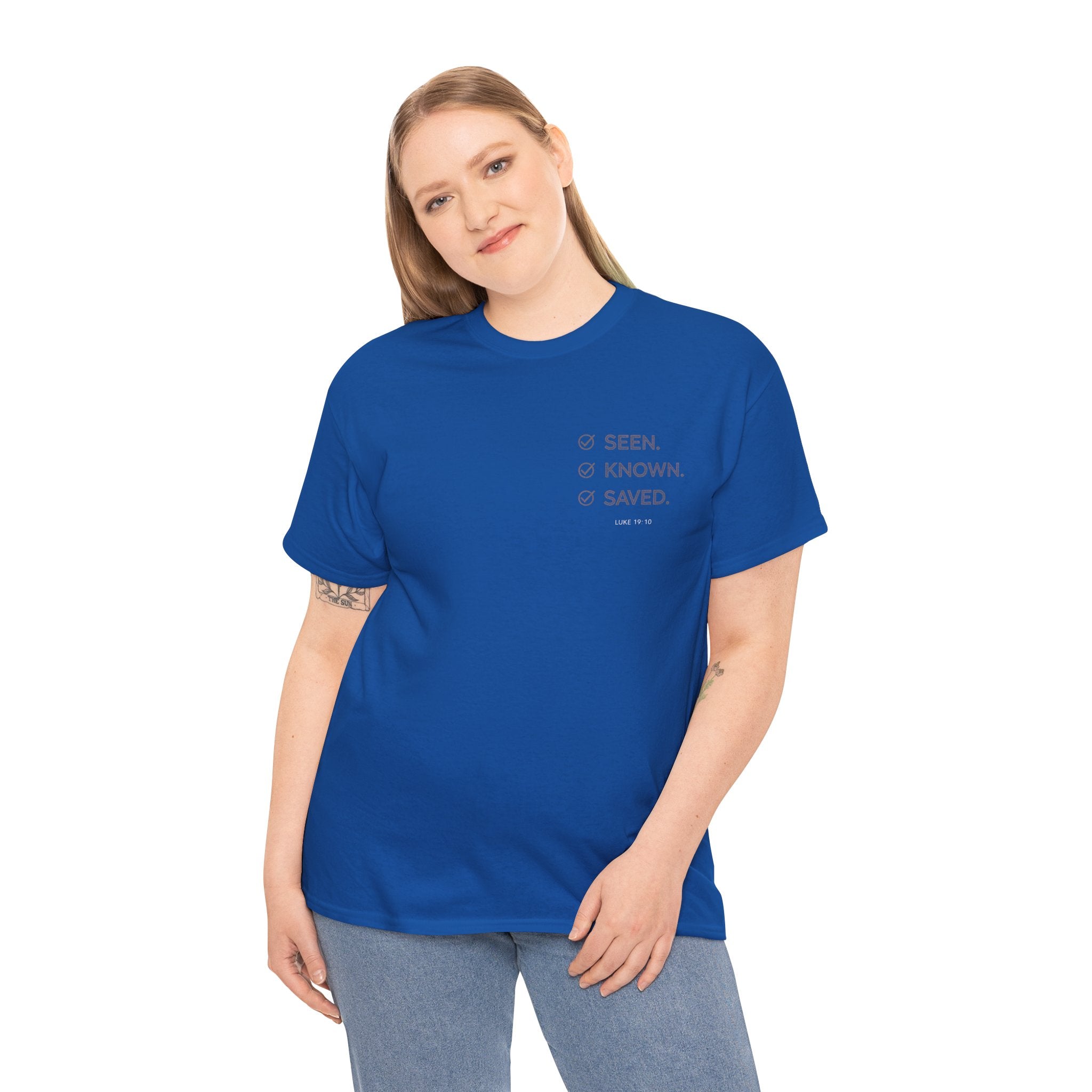 Black Text-Pattern T-Shirt — Seen Known Saved Christian Typography Graphic Tee