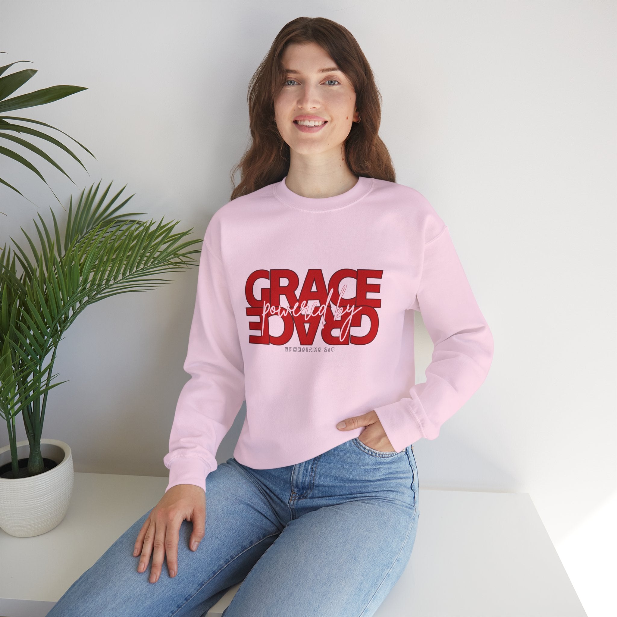 Christian Crewneck Sweatshirt "Grace" Reversed Pullover, Modern Minimalist Faith Apparel, Unique Graphic Scripture Sweater