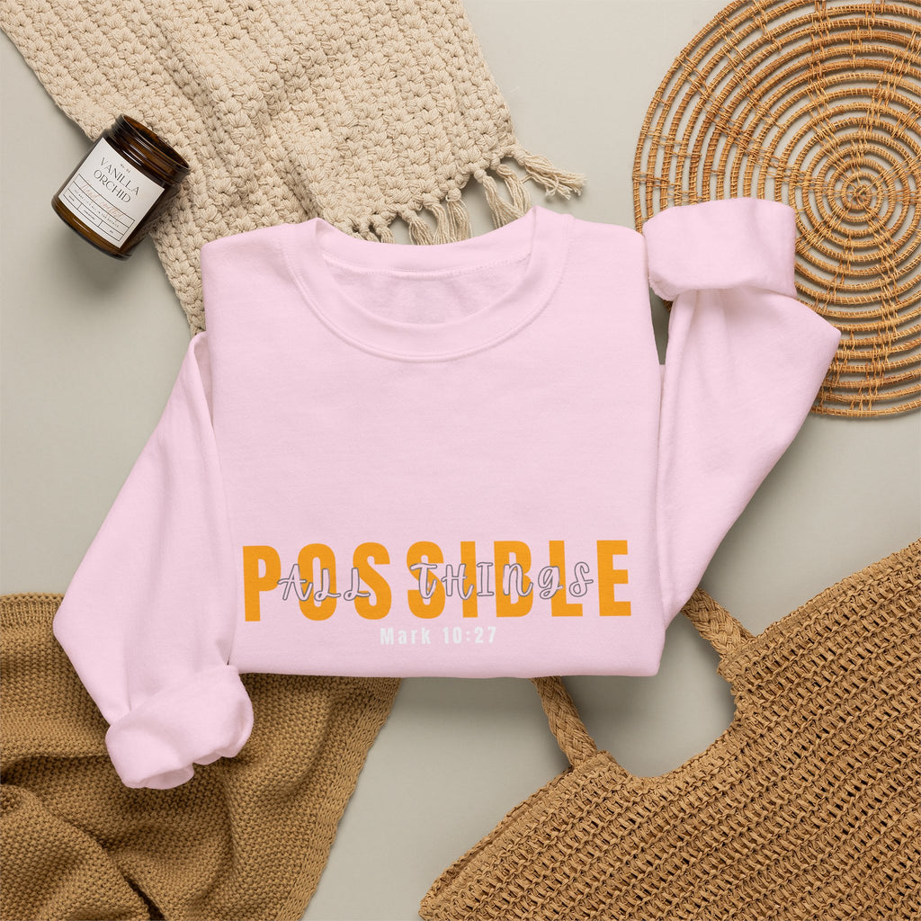 Christian Crewneck Sweatshirt "Possible" Pullover, Mark 10:27 Scripture Apparel, All Things Are Possible Faith Graphic Sweatshirt