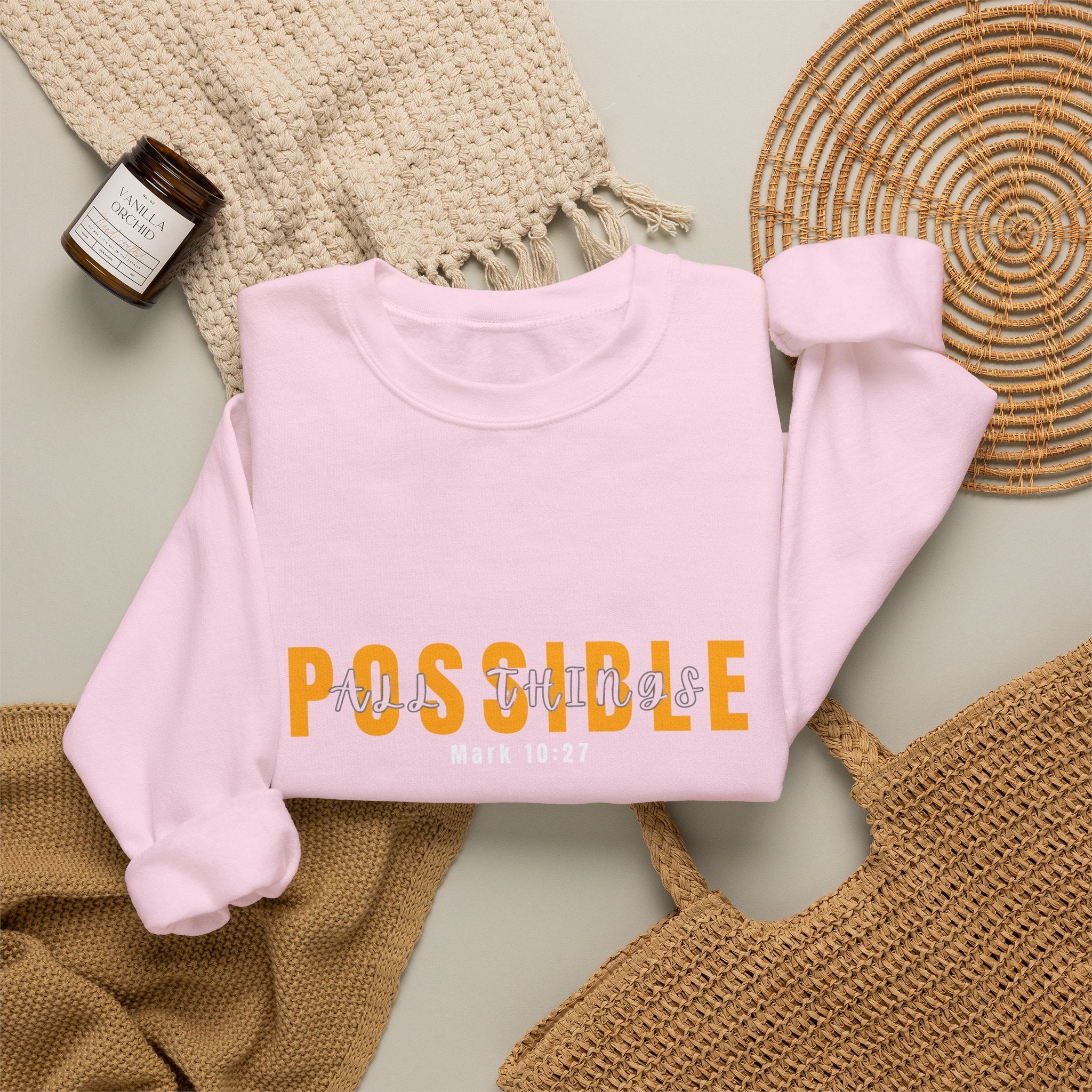 Christian Crewneck Sweatshirt "Possible" Pullover, Mark 10:27 Scripture Apparel, All Things Are Possible Faith Graphic Sweatshirt