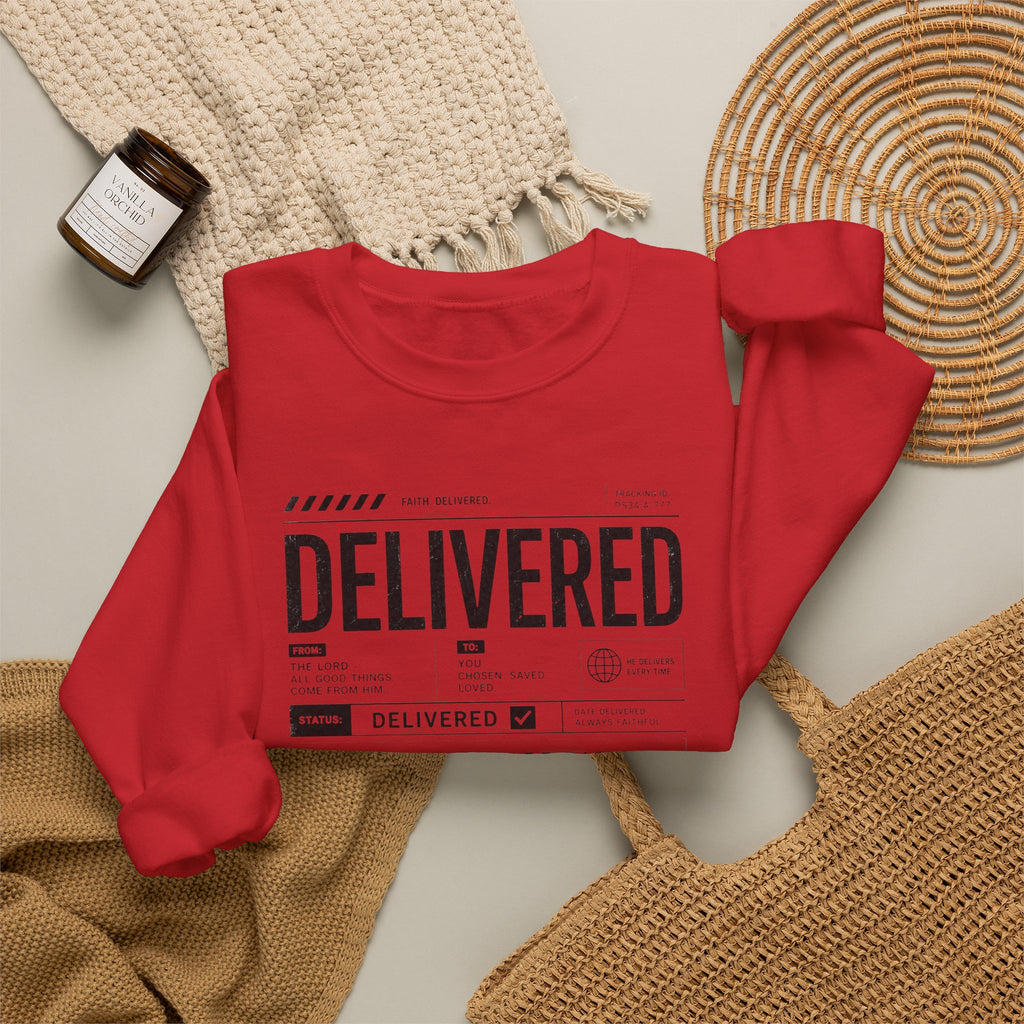 Delivered Sweatshirt — 'Delivered' Typography Crewneck with Psalm 34:4 Design