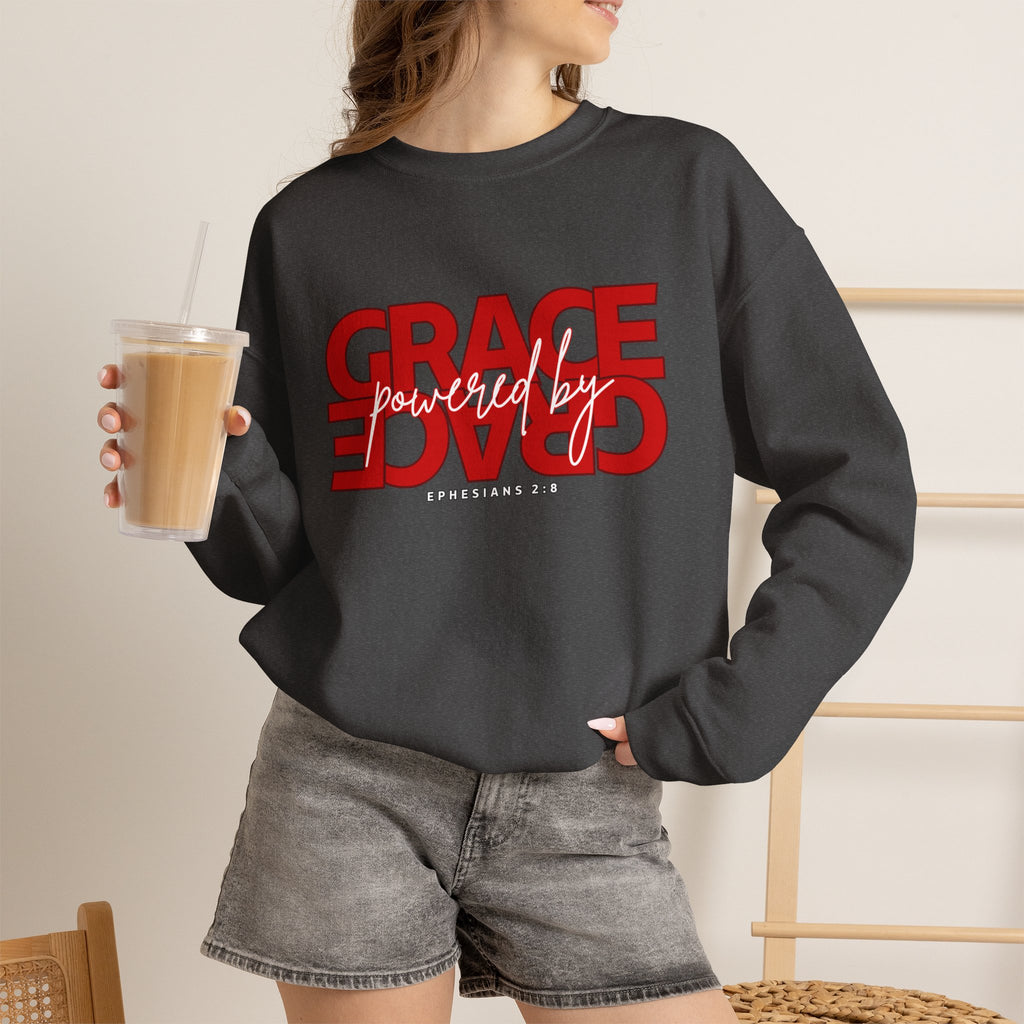 Crewneck Sweatshirt — "Grace Powered By God" Christian Faith Pullover (Ephesians 2:8)