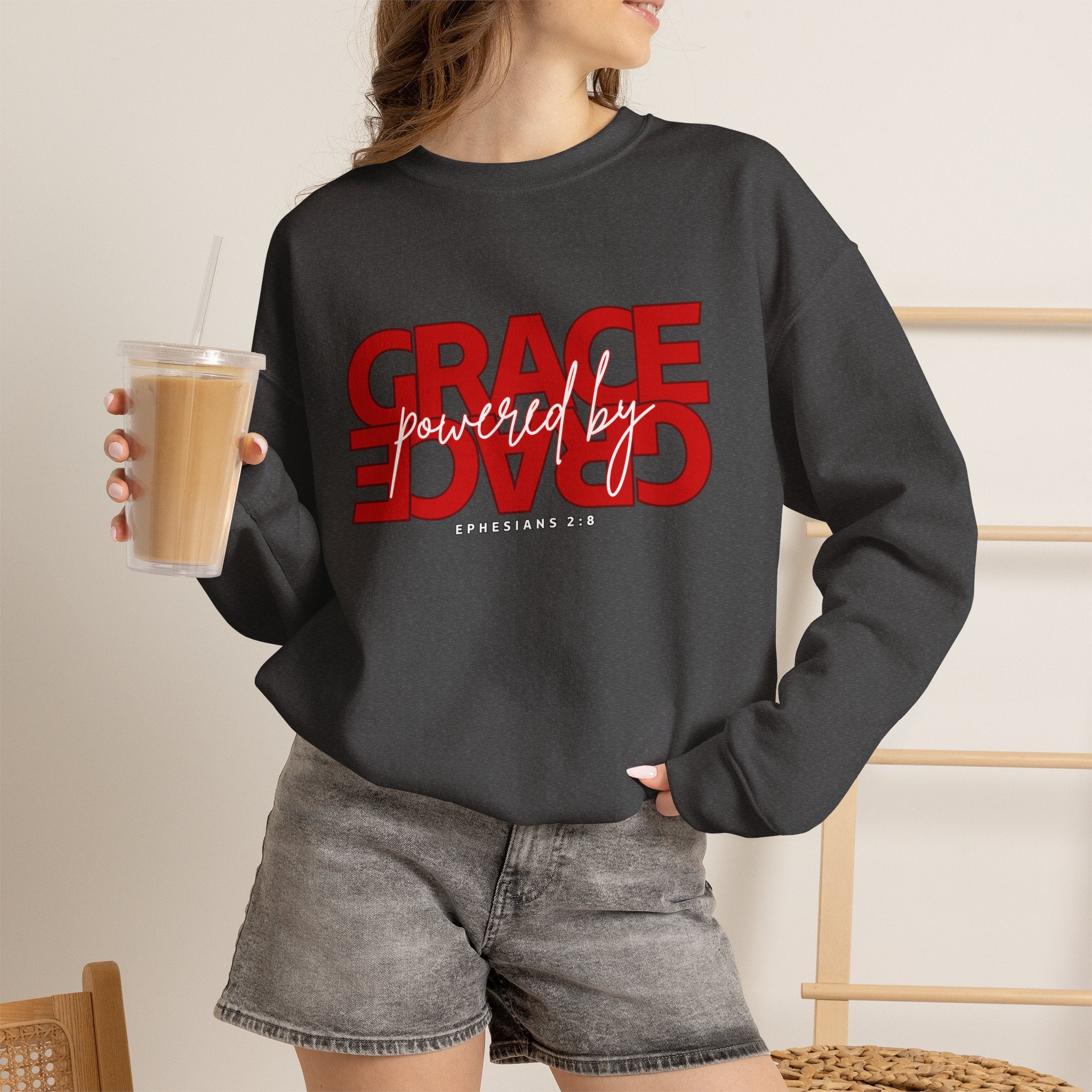 Crewneck Sweatshirt — "Grace Powered By God" Christian Faith Pullover (Ephesians 2:8)
