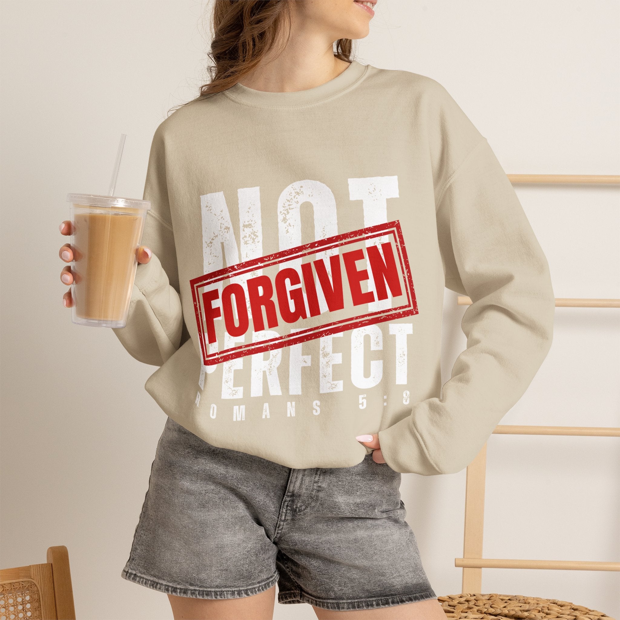 Christian Crewneck Sweatshirt — "Not Perfect, Forgiven" (Romans 5:8)