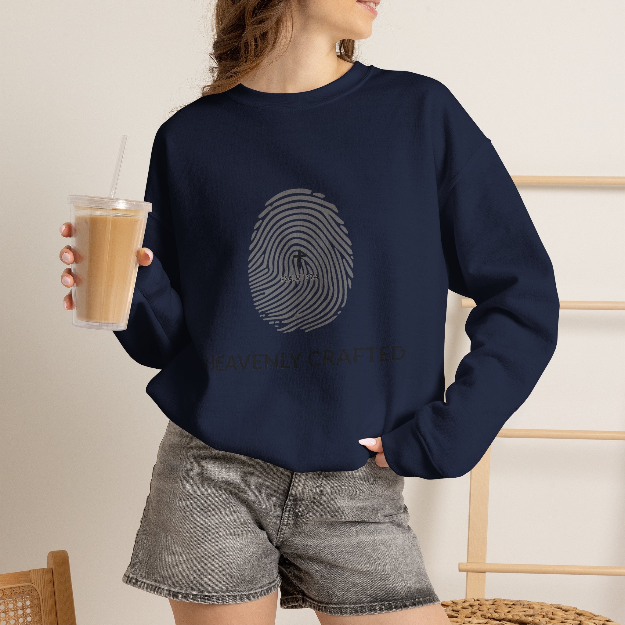 Christian Crewneck Sweatshirt "Heavenly Crafted" Fingerprint Pullover, Psalm 139 Identity Apparel, Unique Faith Graphic Sweatshirt