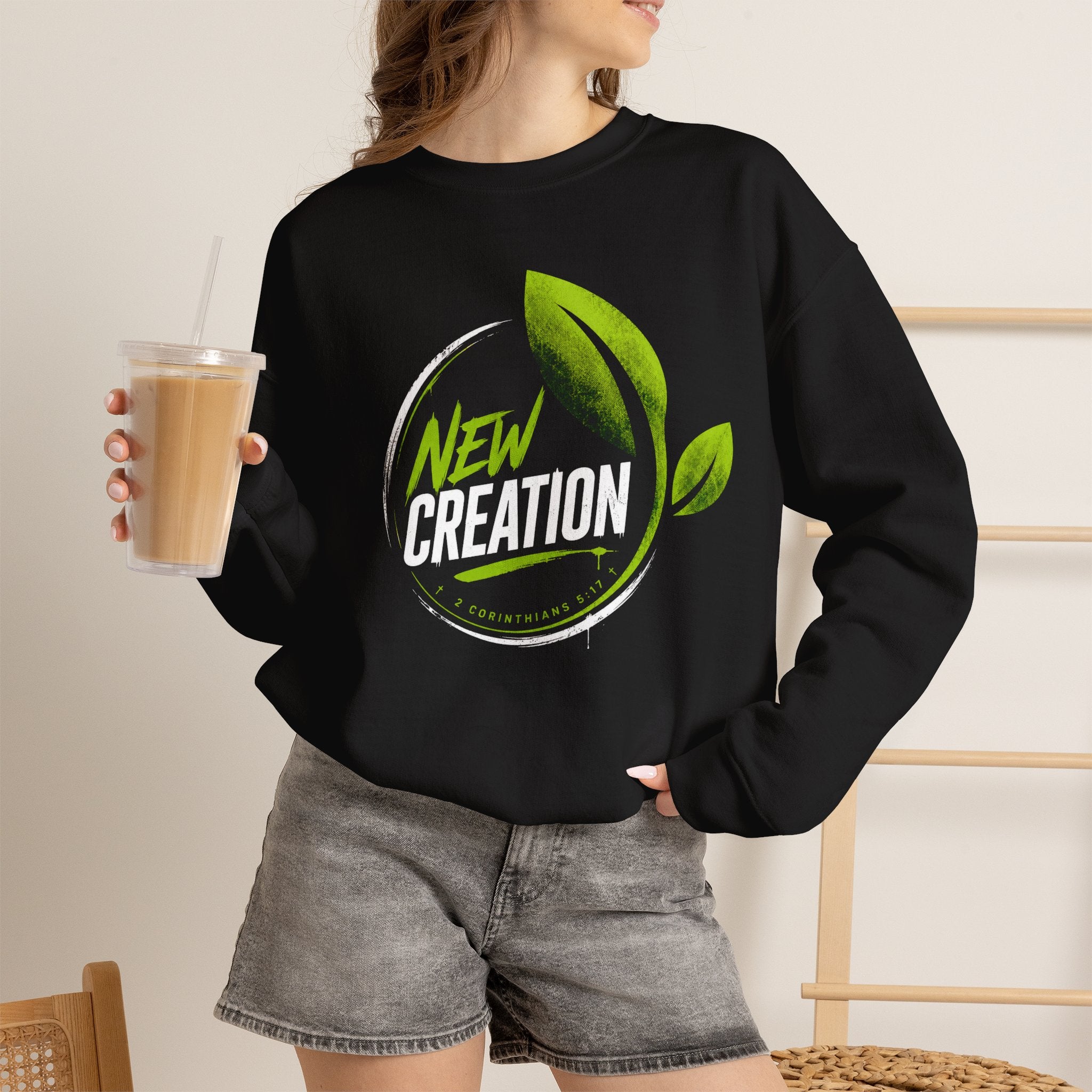 New Creation Sweatshirt – Christian Faith Green Leaf Crewneck