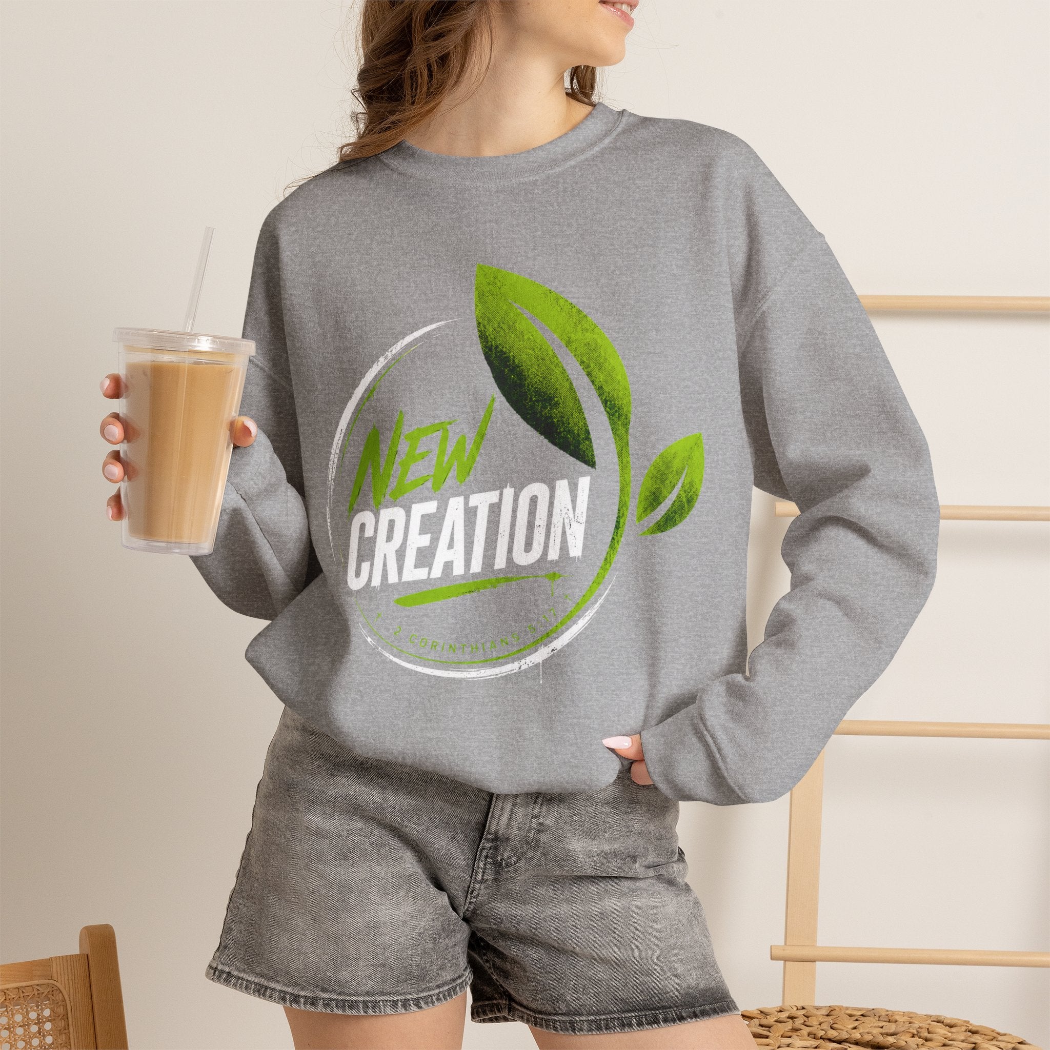 Christian Crewneck Sweatshirt "New Creation" Pullover, 2 Corinthians 5:17 Scripture Apparel, Green Leaf Graphic Sweatshirt
