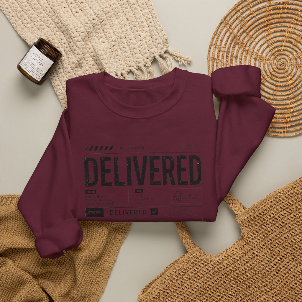 Delivered Sweatshirt — 'Delivered' Typography Crewneck with Psalm 34:4 Design
