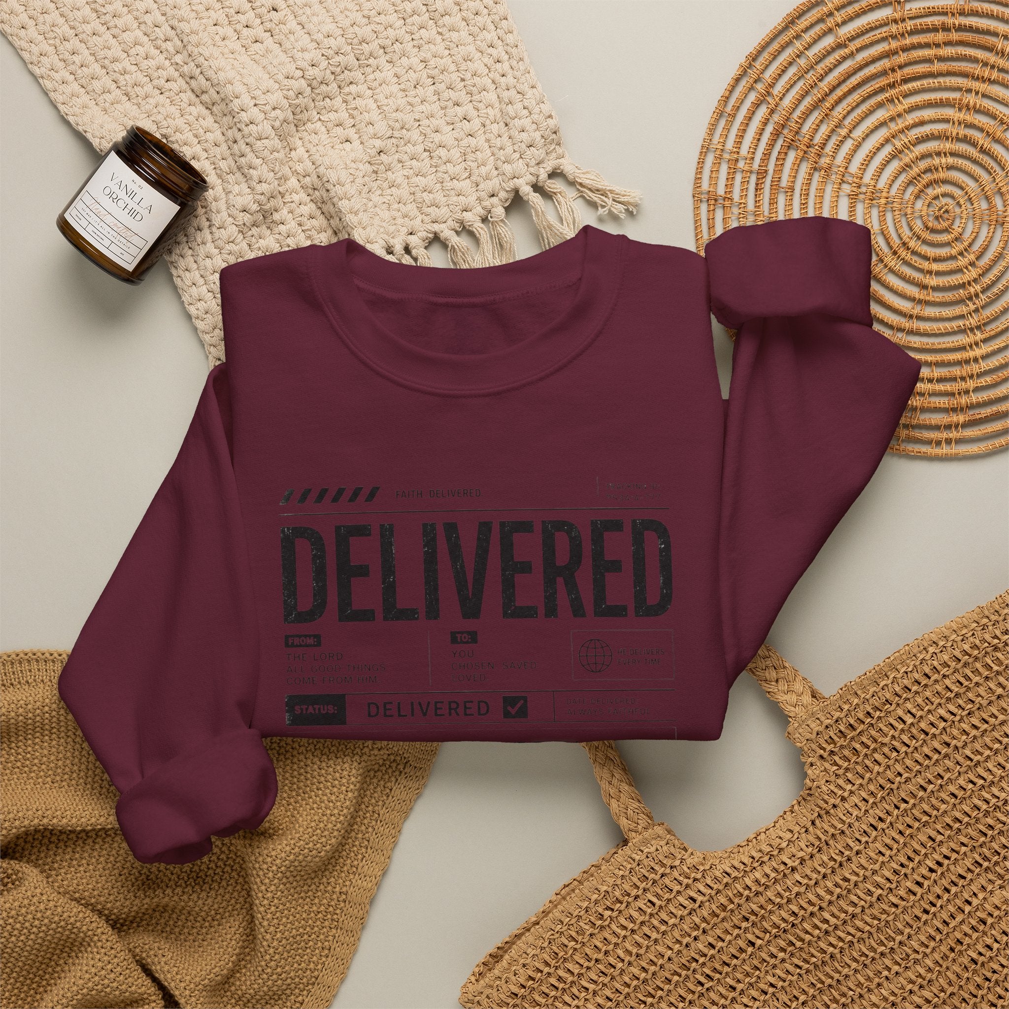 Delivered Sweatshirt — 'Delivered' Typography Crewneck with Psalm 34:4 Design