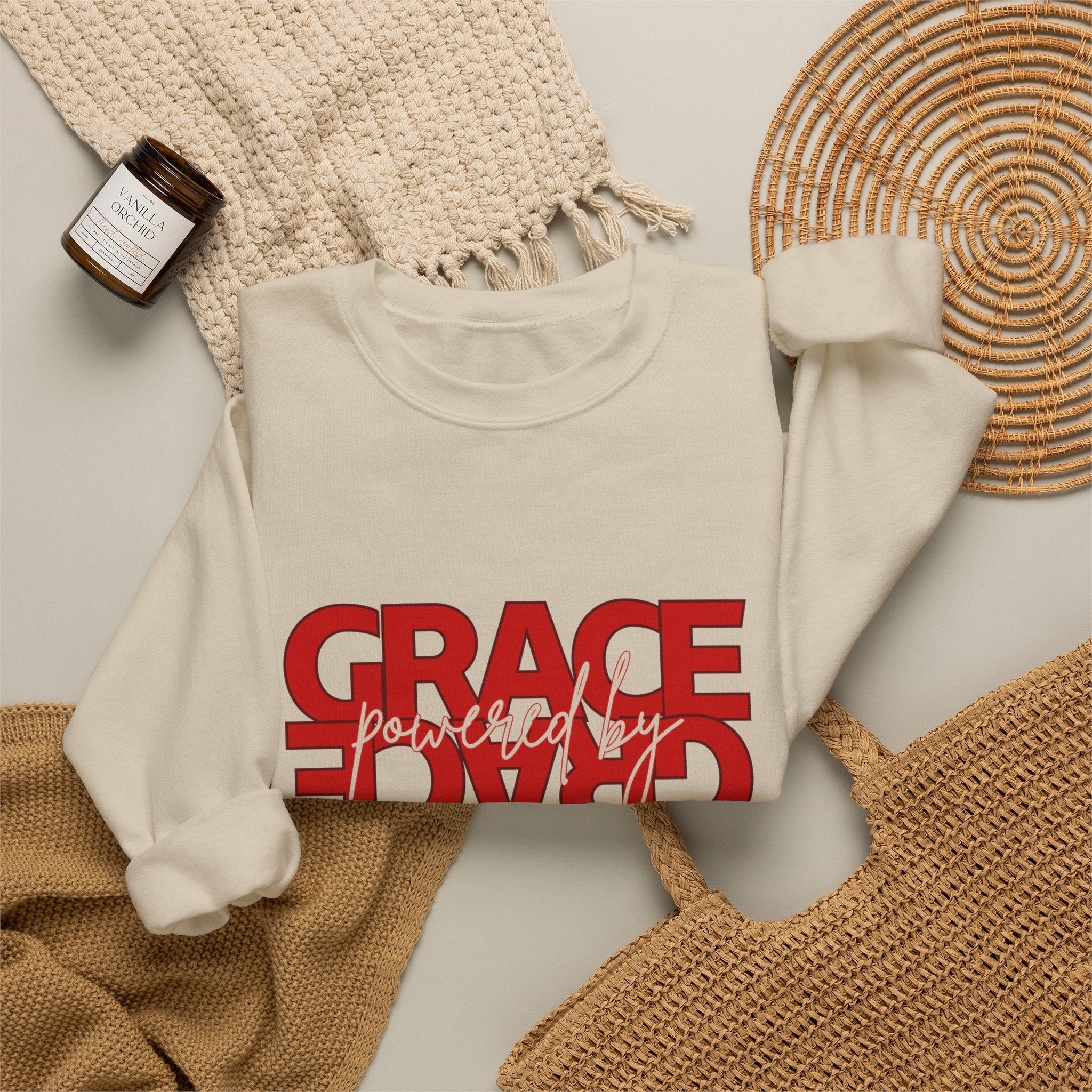 Christian Crewneck Sweatshirt "Grace" Reversed Pullover, Modern Minimalist Faith Apparel, Unique Graphic Scripture Sweater