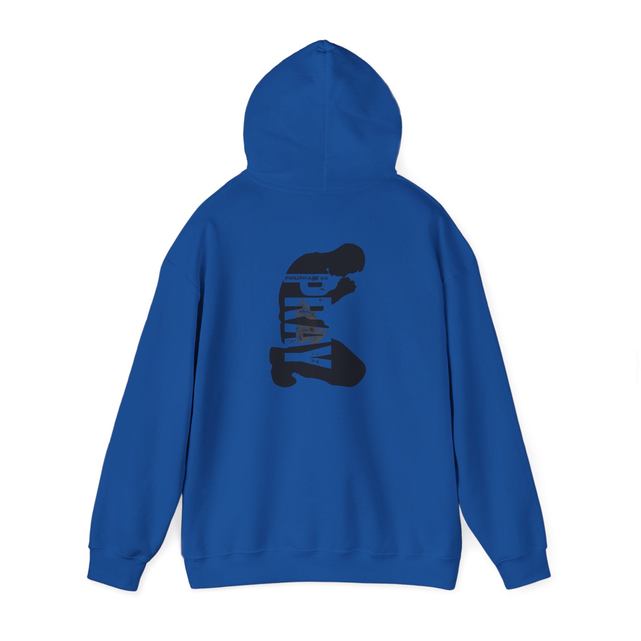 Minimal 'Pray More, Panic Less' Hoodie — Monochrome Graphic Back Print