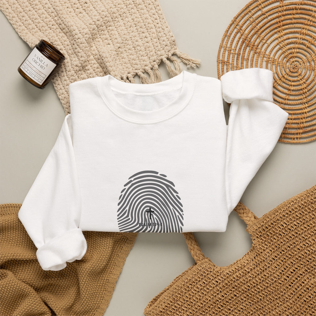 Christian Crewneck Sweatshirt "Heavenly Crafted" Fingerprint Pullover, Psalm 139 Identity Apparel, Unique Faith Graphic Sweatshirt