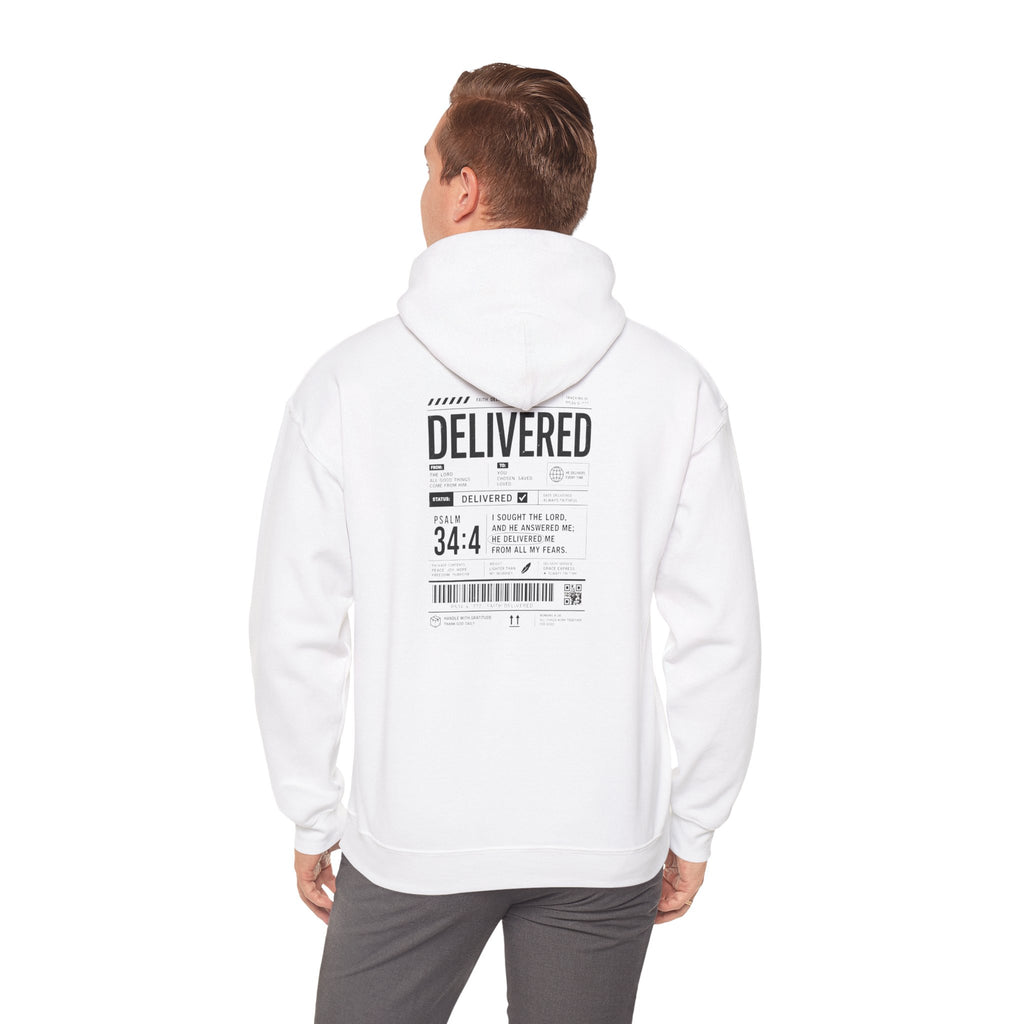 Christian Graphic Hoodie 'Delivered' Shipping Label Pullover, Faith-Based Streetwear Sweatshirt