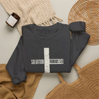 Christian Crewneck Sweatshirt "Salvation" Romans 5:8 Pullover, White Cross Graphic Apparel, Rustic Style Faith Sweatshirt