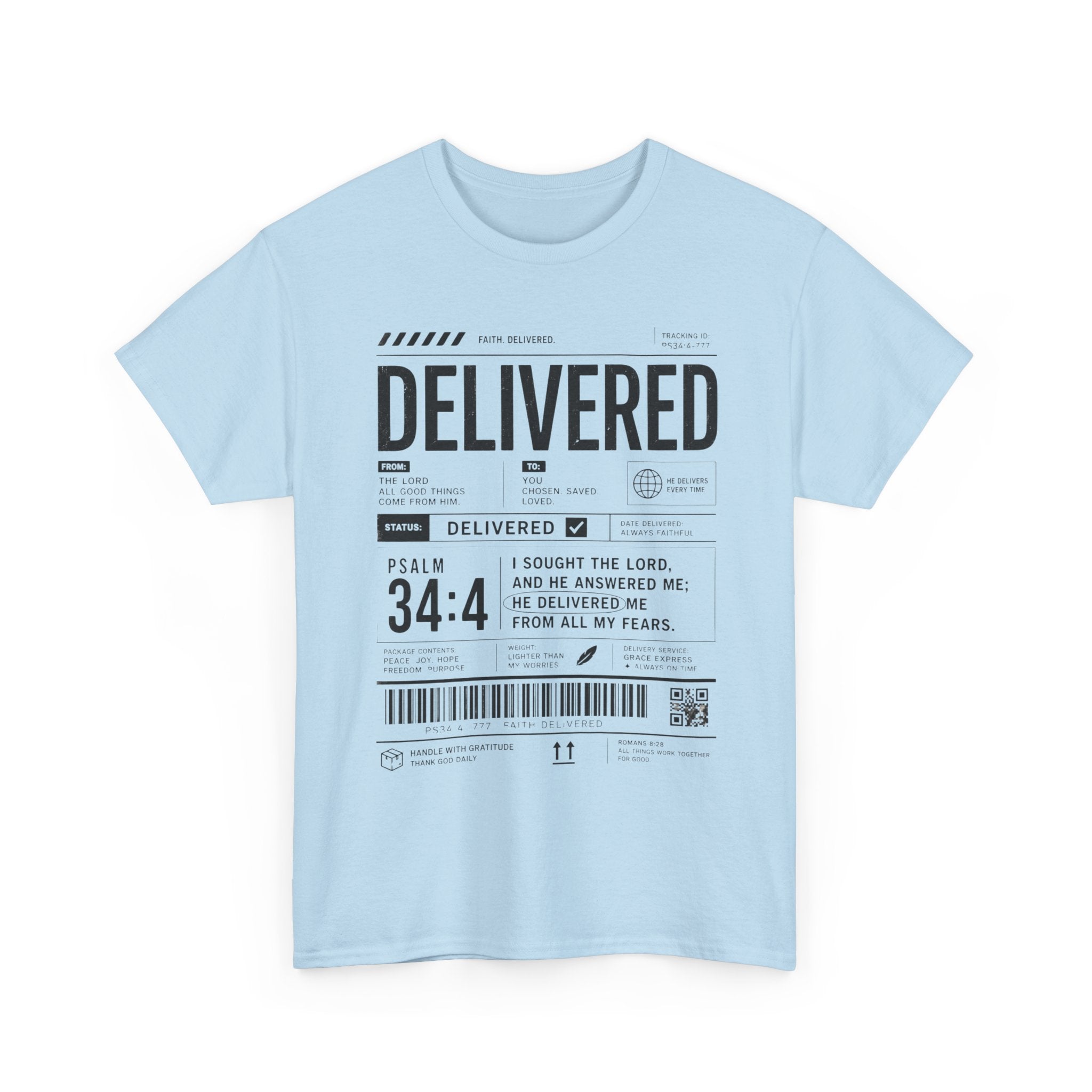 Delivered Graphic Tee — Inspirational Psalm 34:4 Christian T-Shirt